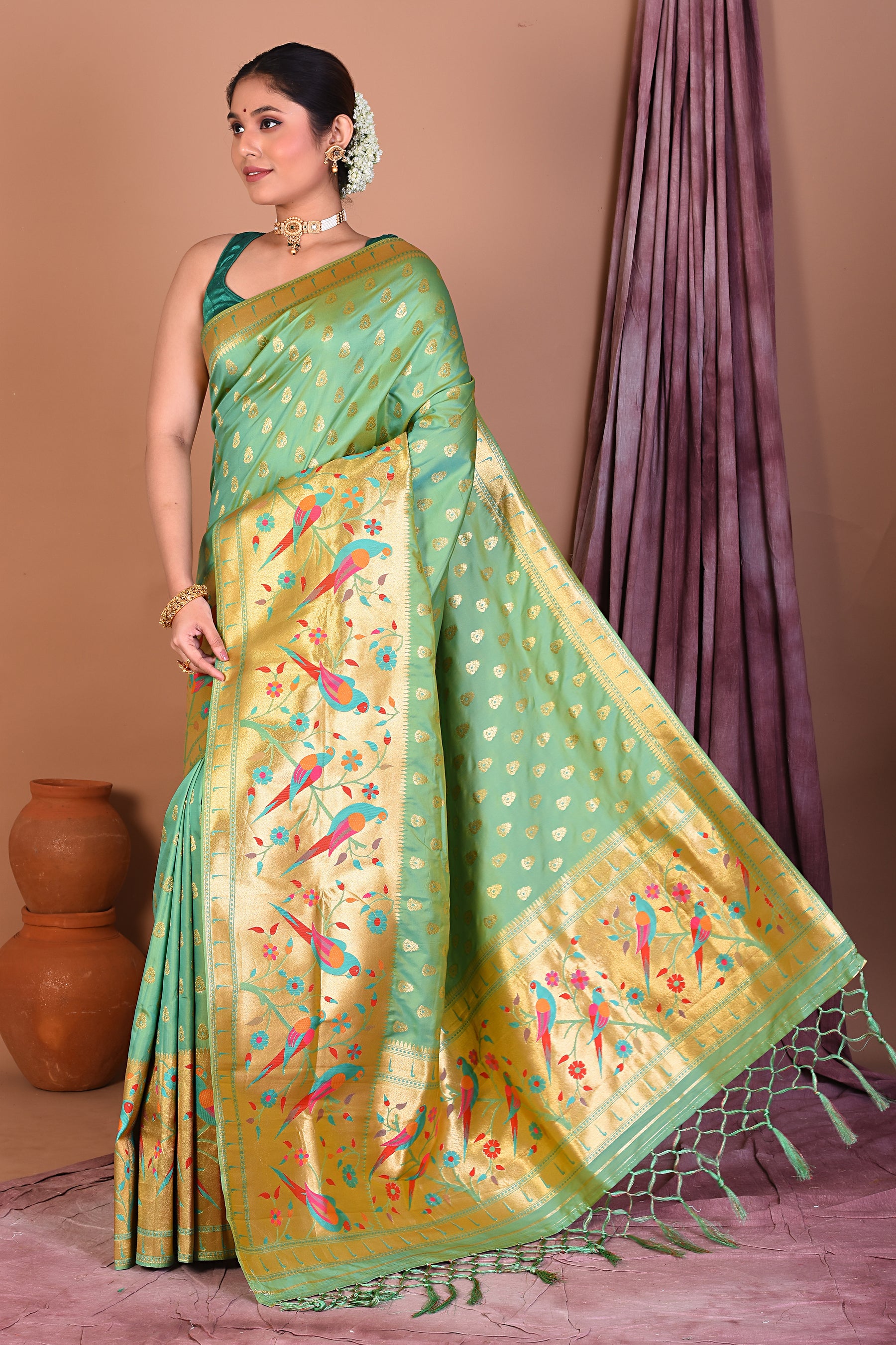 Sea Green Blended Paithani Saree with Golden Zari - Keya Seth Exclusive