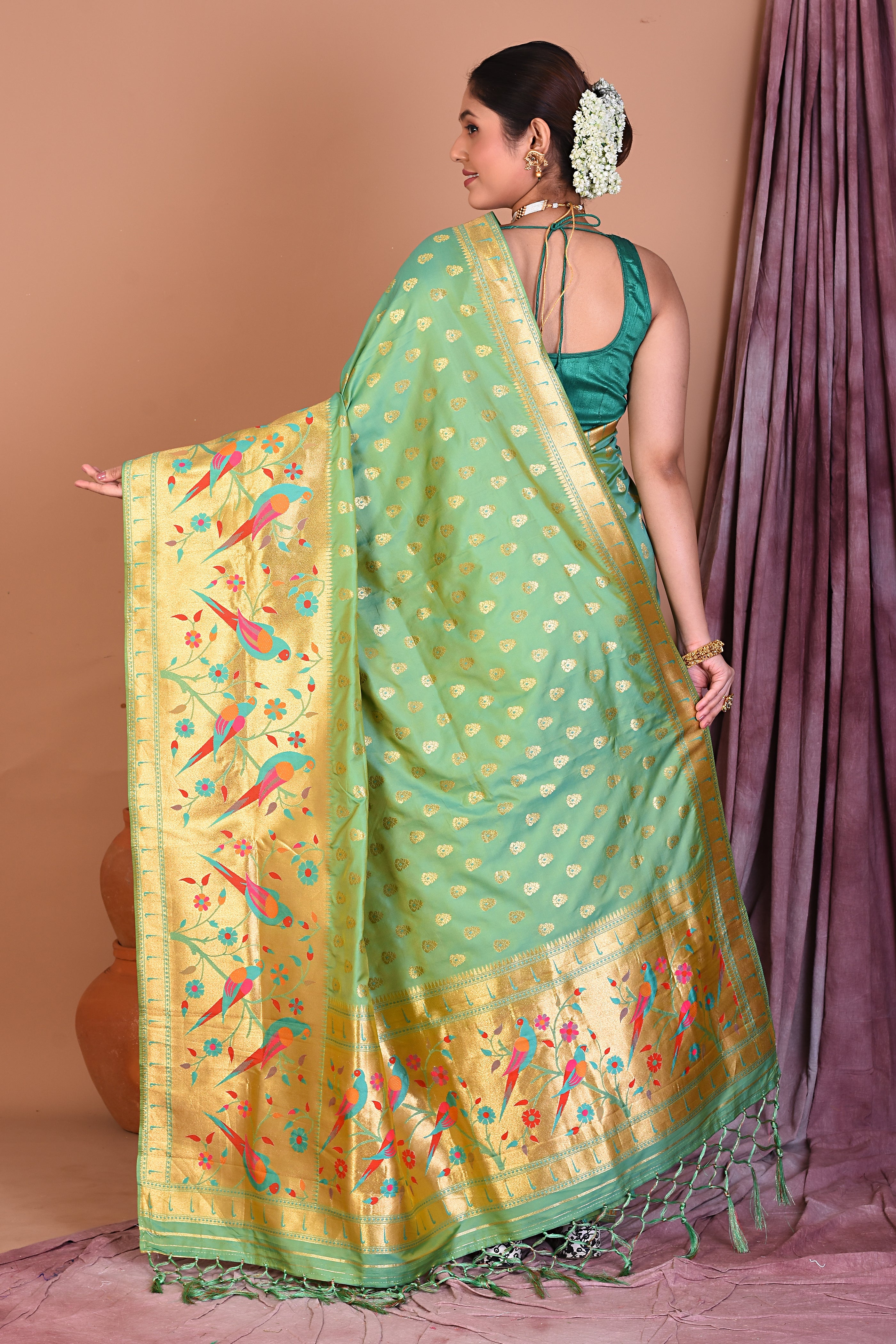 Sea Green Blended Paithani Saree with Golden Zari - Keya Seth Exclusive