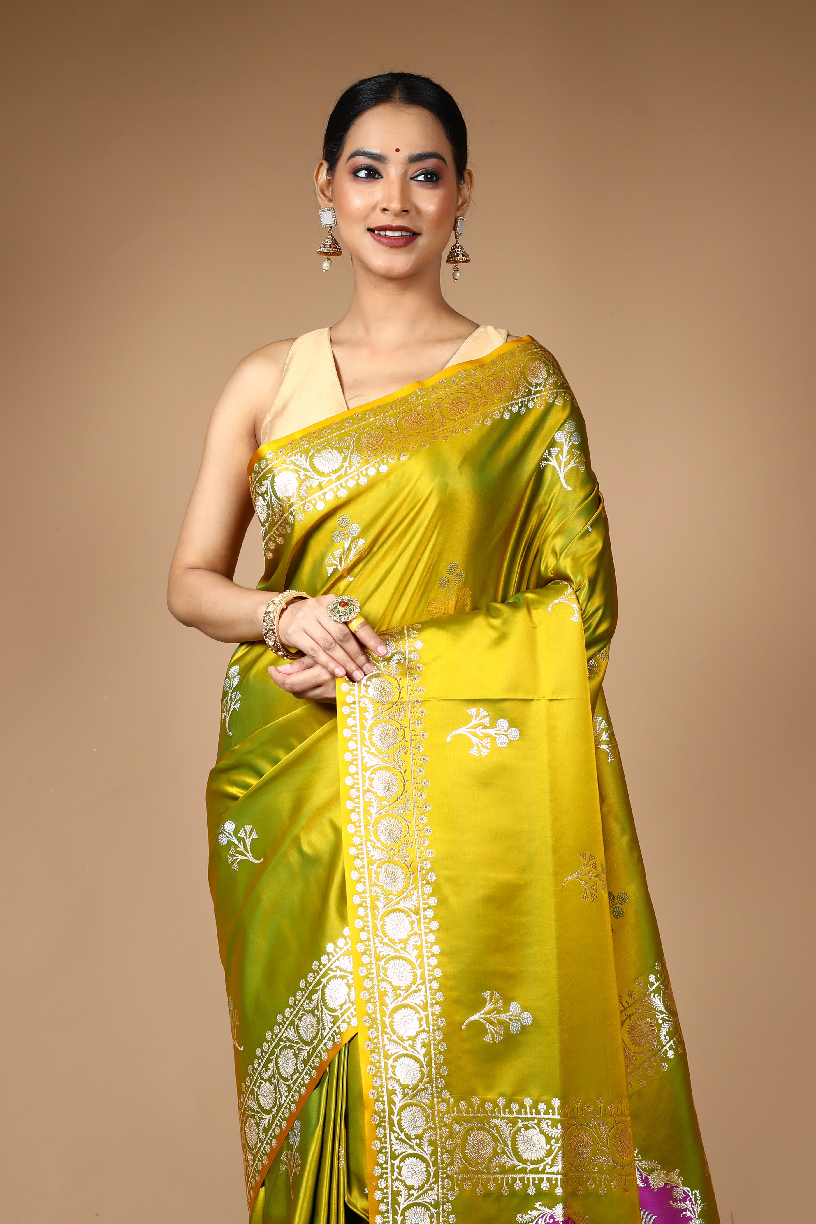 Bright Green Blended Satin Banarasi Saree