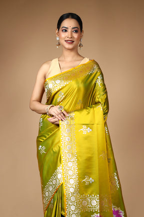 Bright Green Blended Satin Banarasi Saree