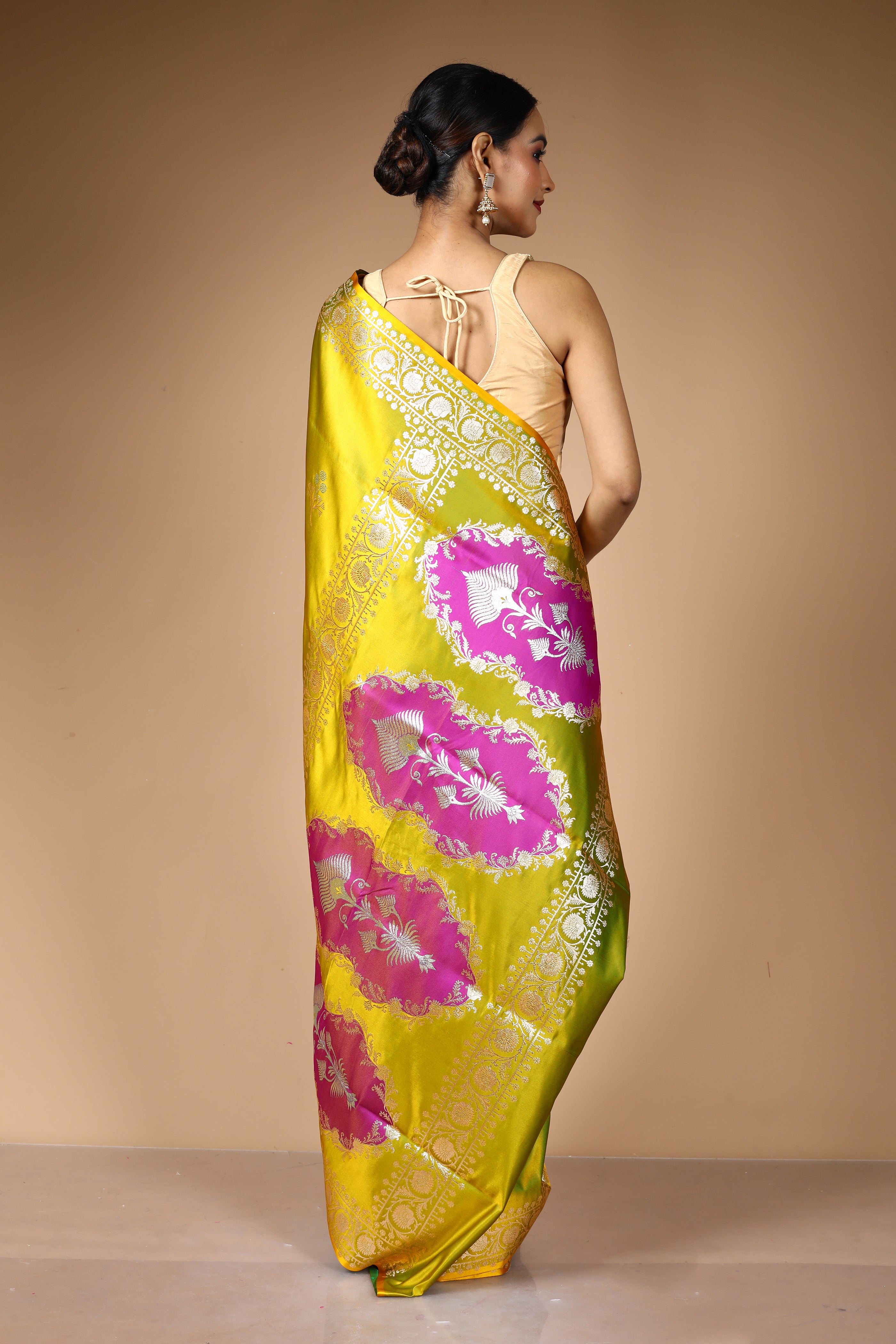 Bright Green Blended Satin Banarasi Saree
