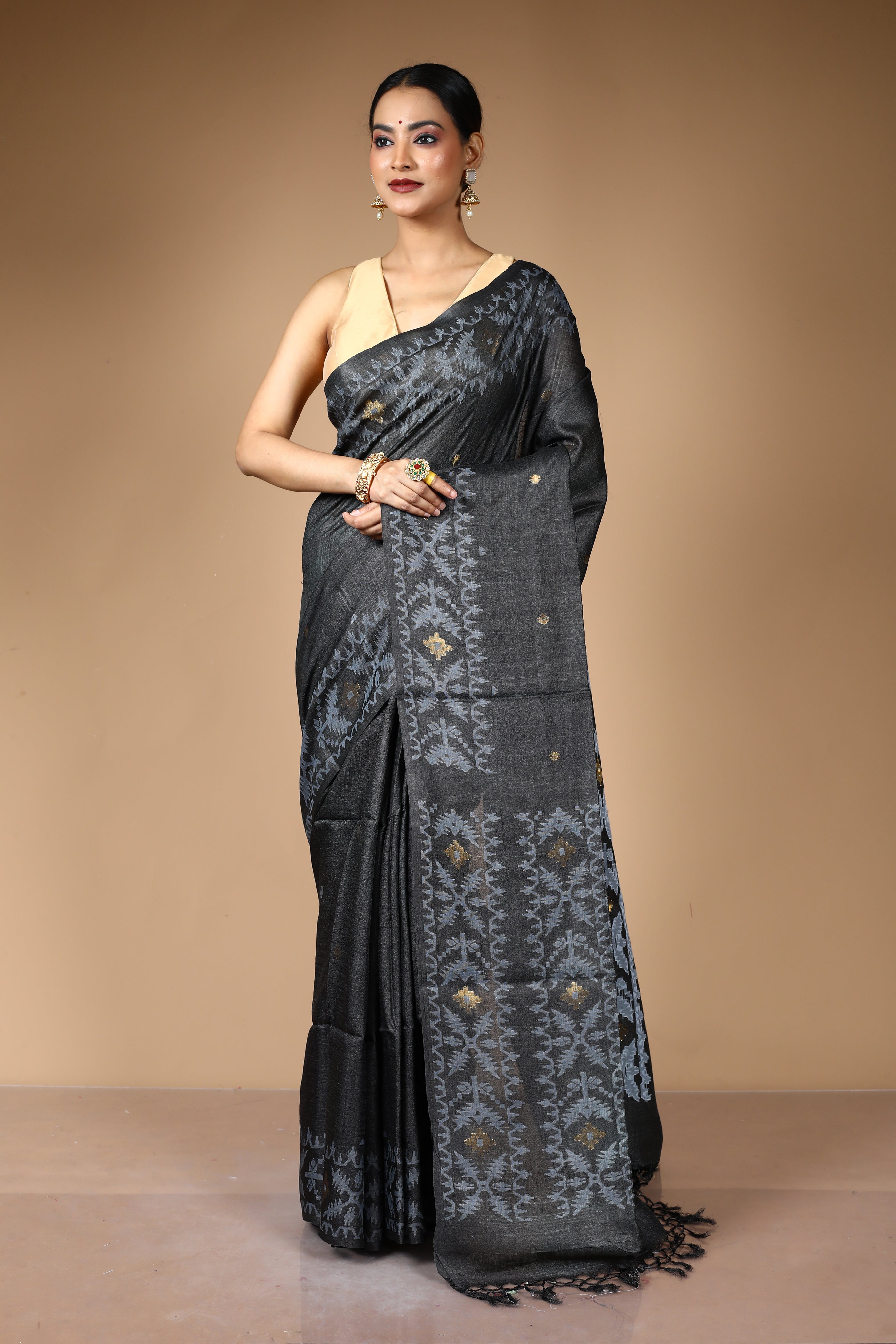 Black Pure Tussar Saree