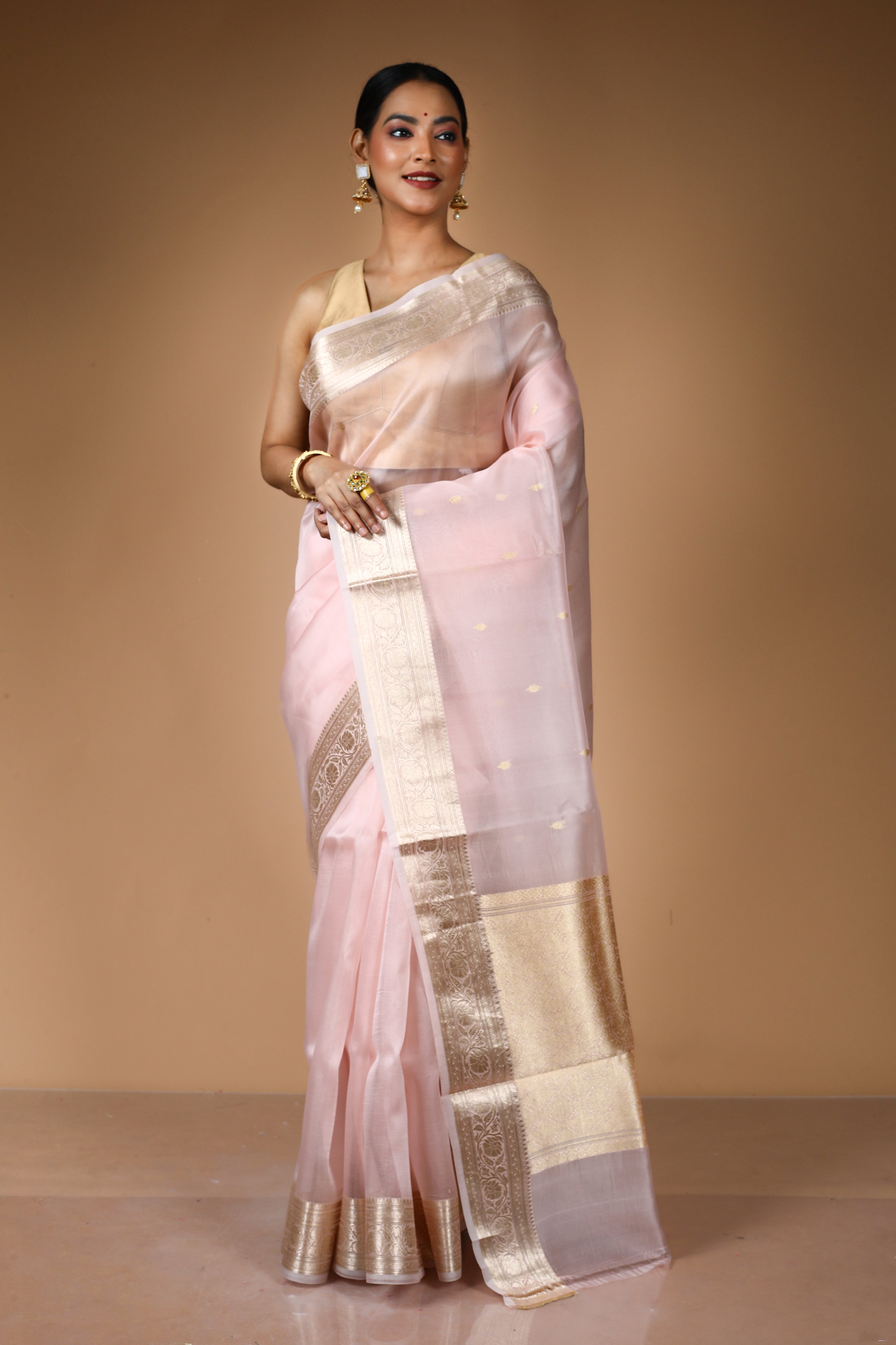 Peach Pure Kora Silk Saree