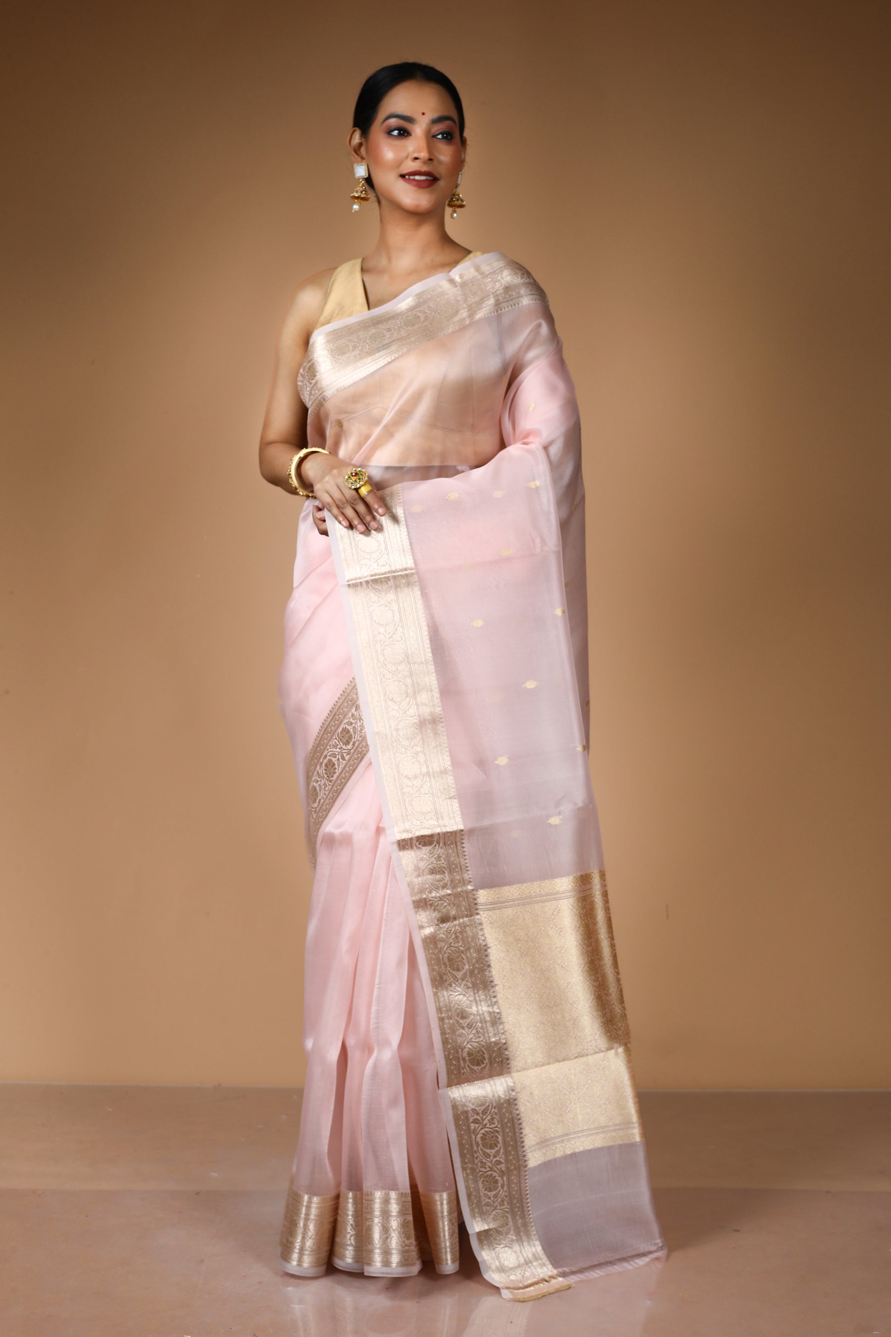 Peach Pure Kora Silk Saree