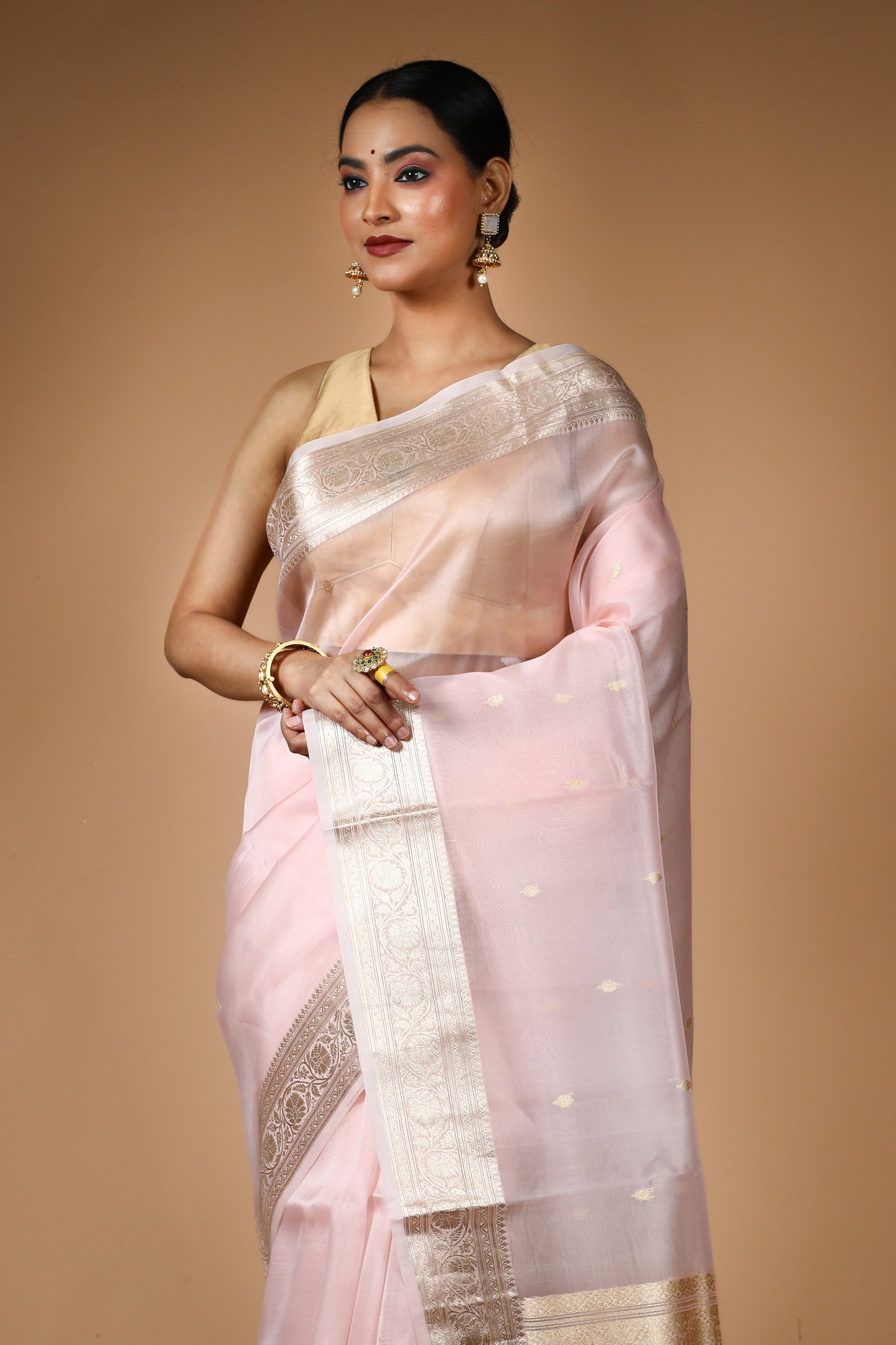 Peach Pure Kora Silk Saree