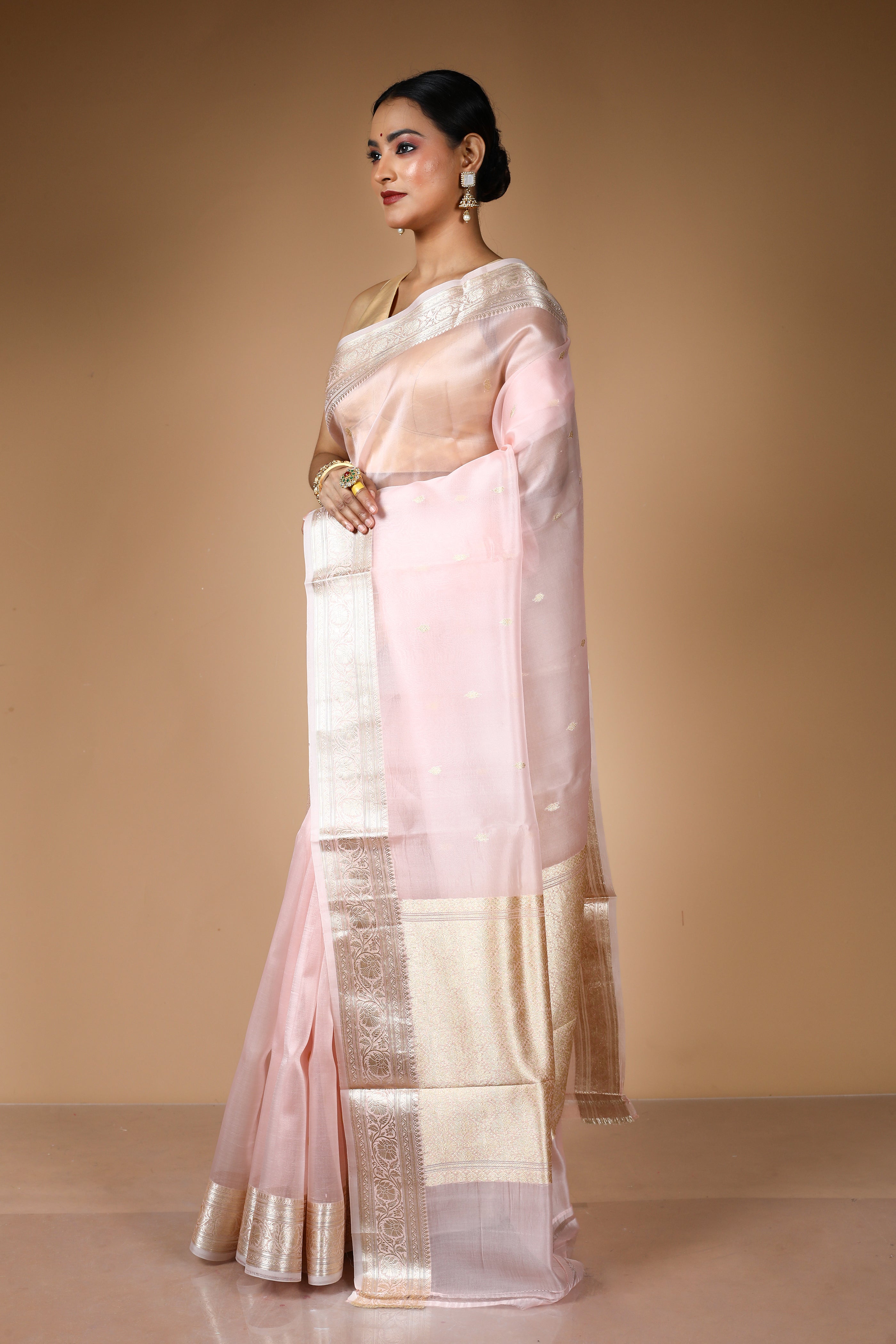 Peach Pure Kora Silk Saree