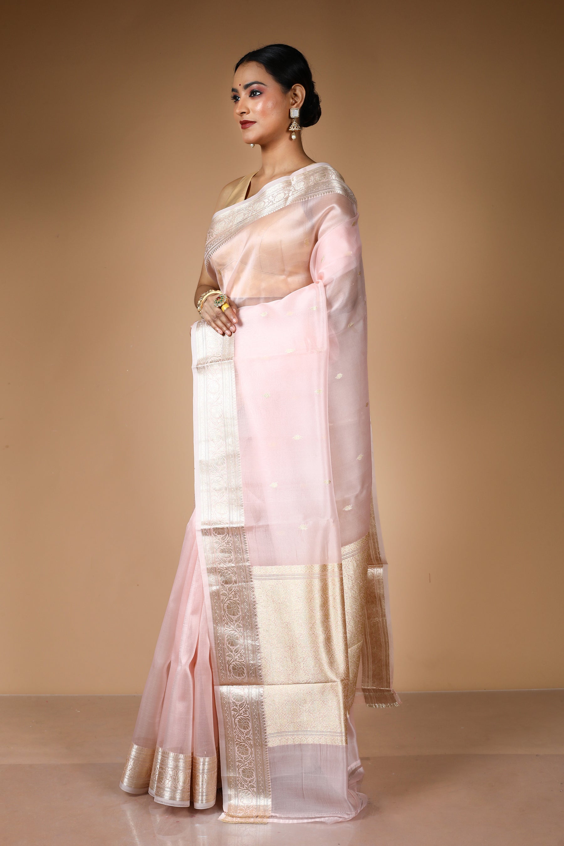 Peach Pure Kora Silk Saree