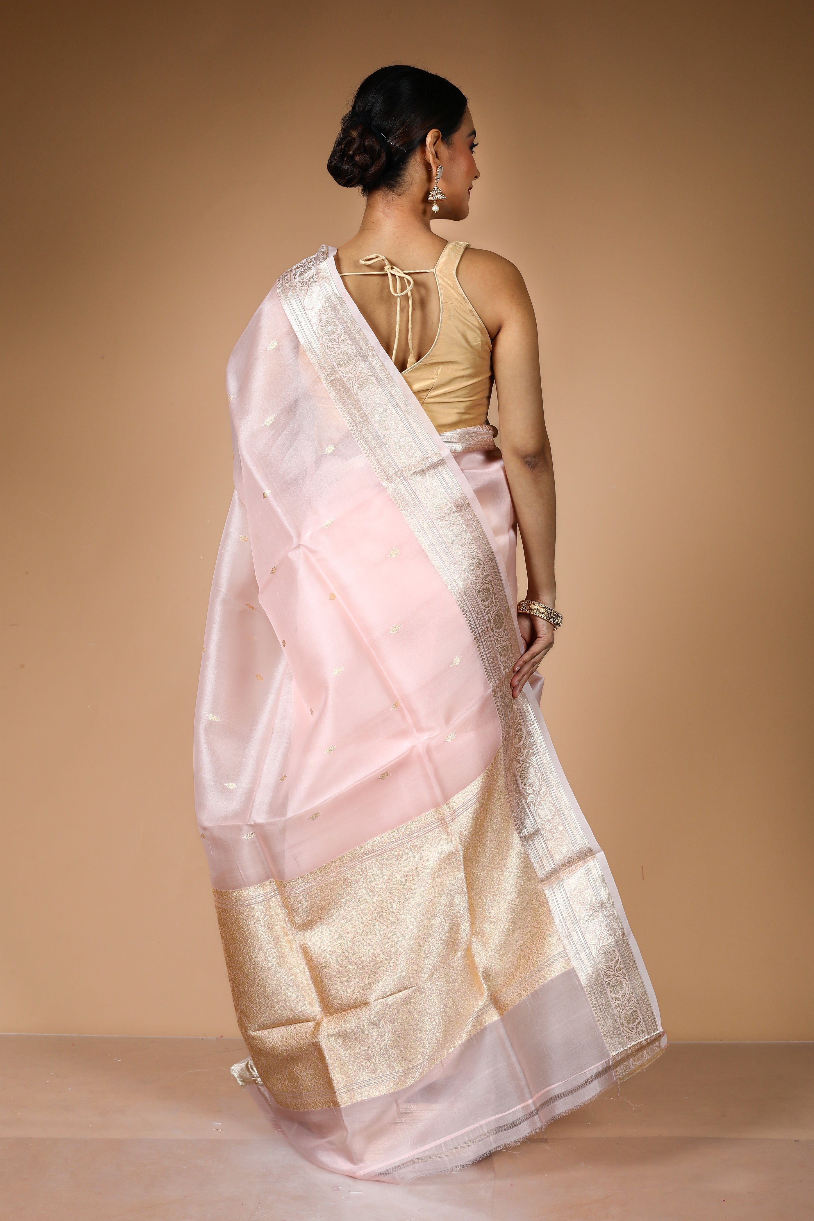 Peach Pure Kora Silk Saree