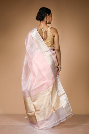 Peach Pure Kora Silk Saree