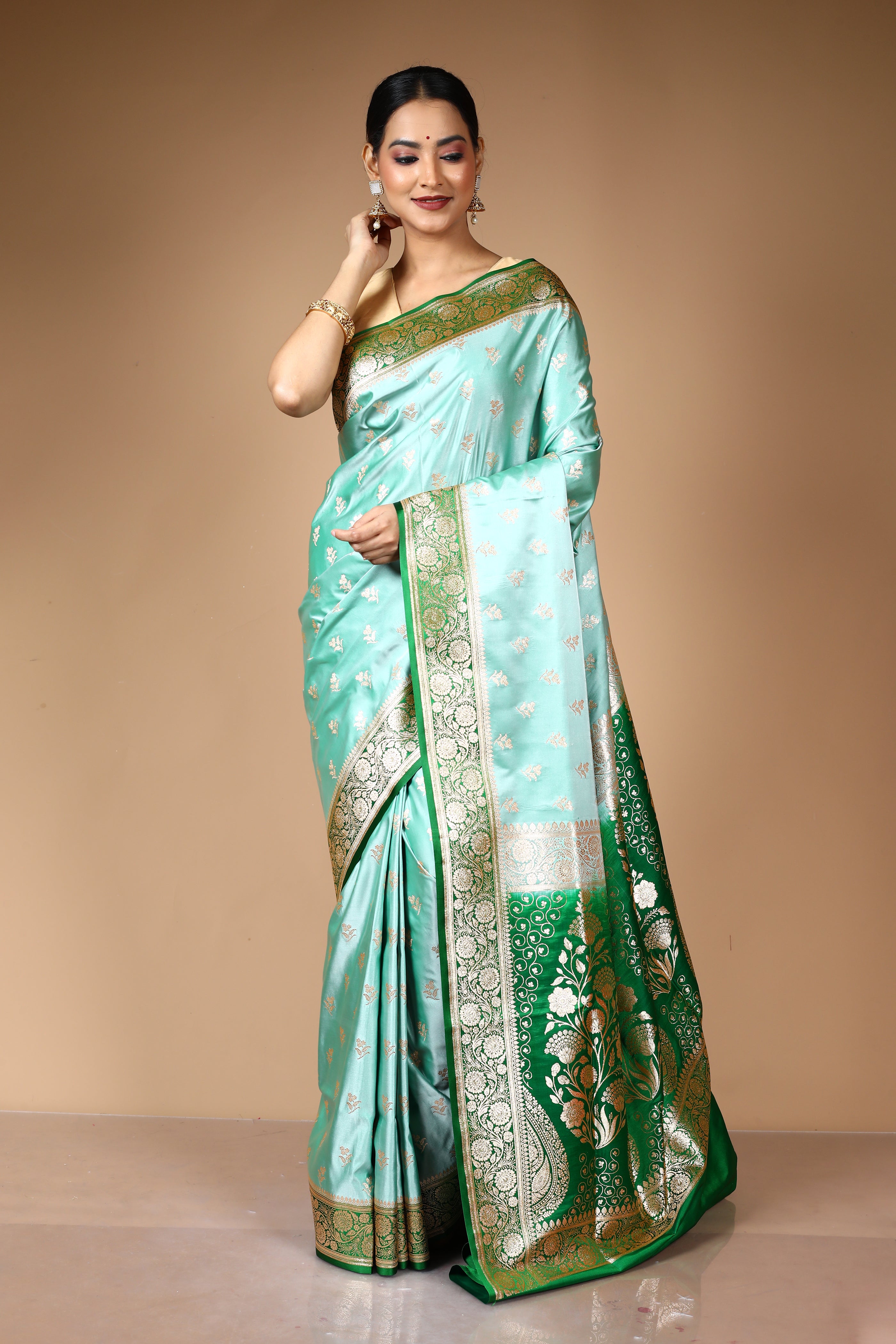 Mint Green Blended Satin Banarasi Saree