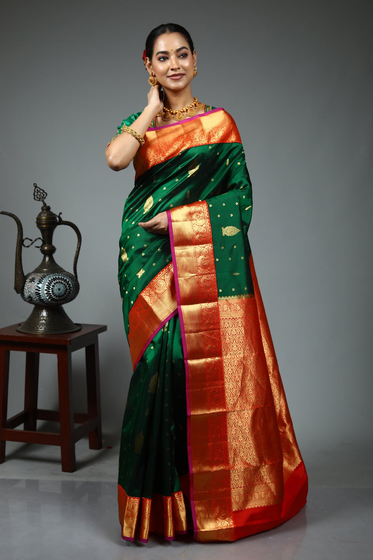 Bottle Green Pure Kanjivaram Silk Saree