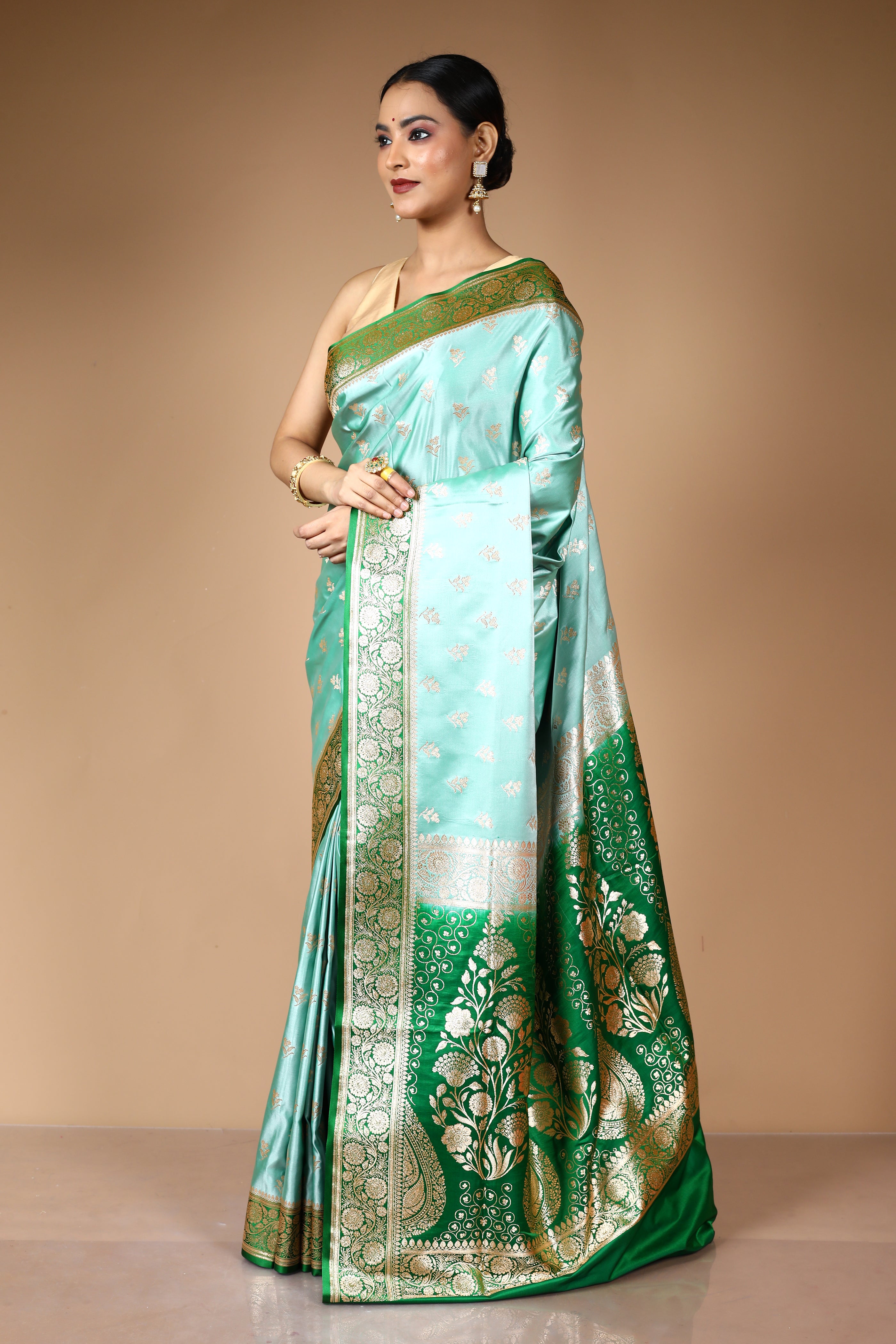 Mint Green Blended Satin Banarasi Saree