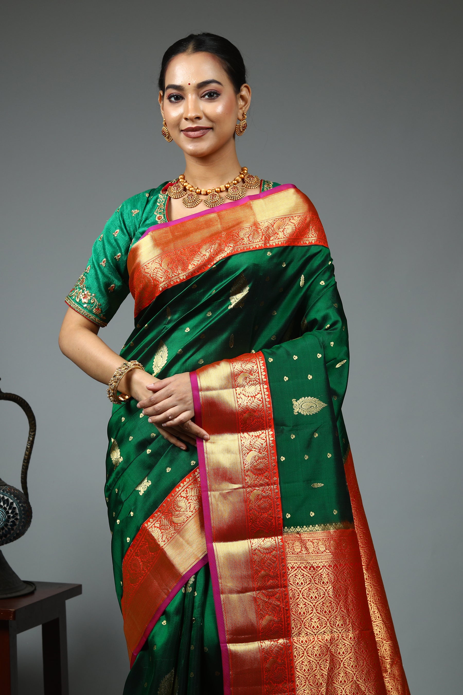 Bottle Green Pure Kanjivaram Silk Saree