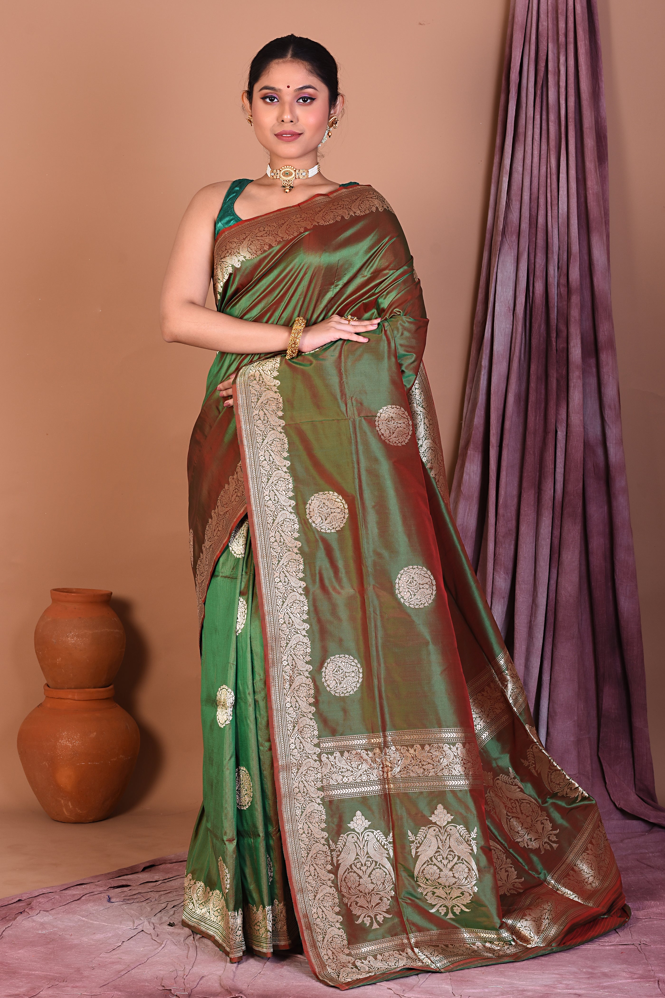 Green Dual Tone Pure Katan Saree with Golden Zari - Keya Seth Exclusive