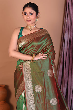 Green Dual Tone Pure Katan Saree with Golden Zari - Keya Seth Exclusive