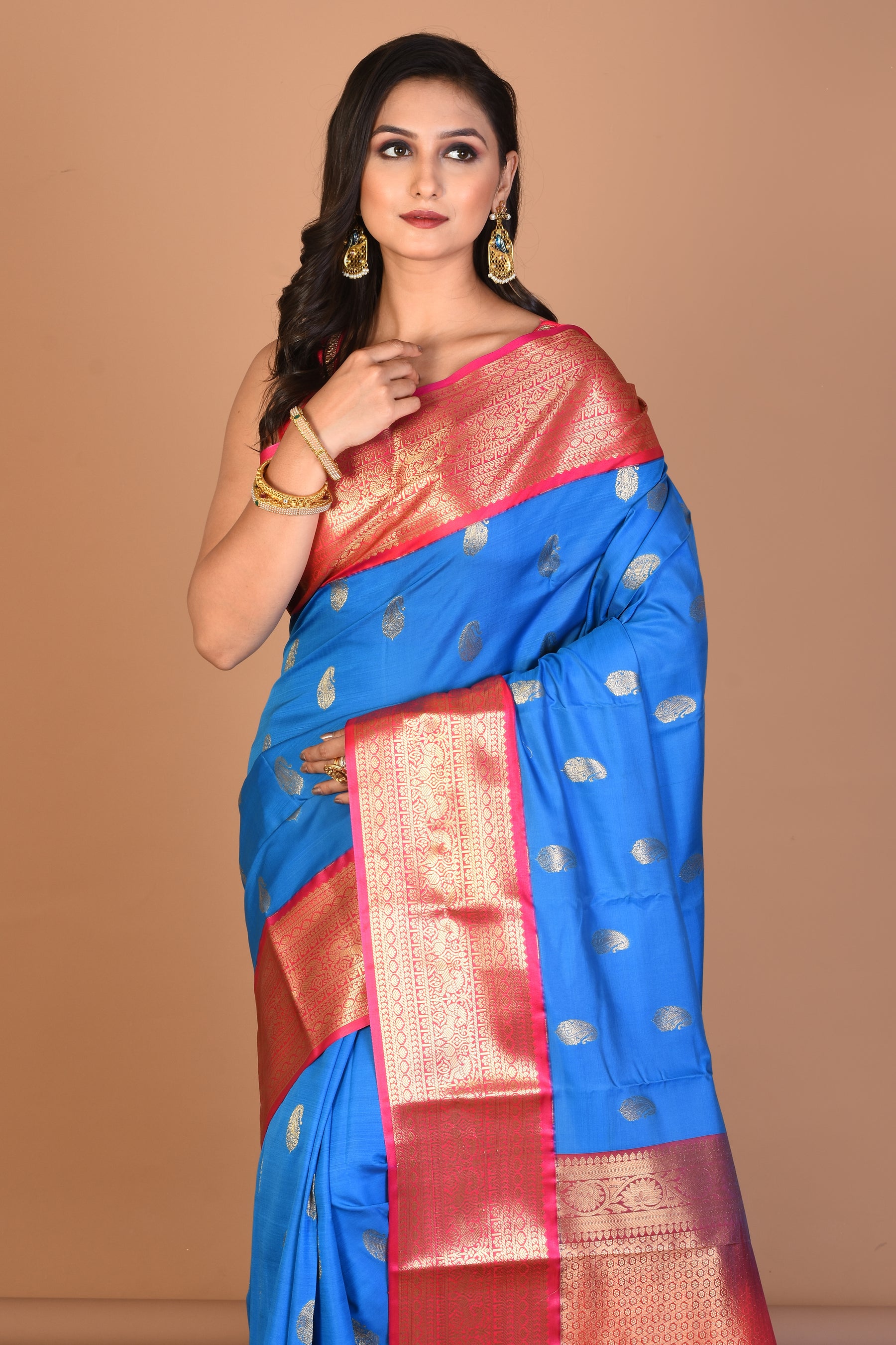 Firoza Blue Semi Katan Saree with Blouse Piece - Keya Seth Exclusive