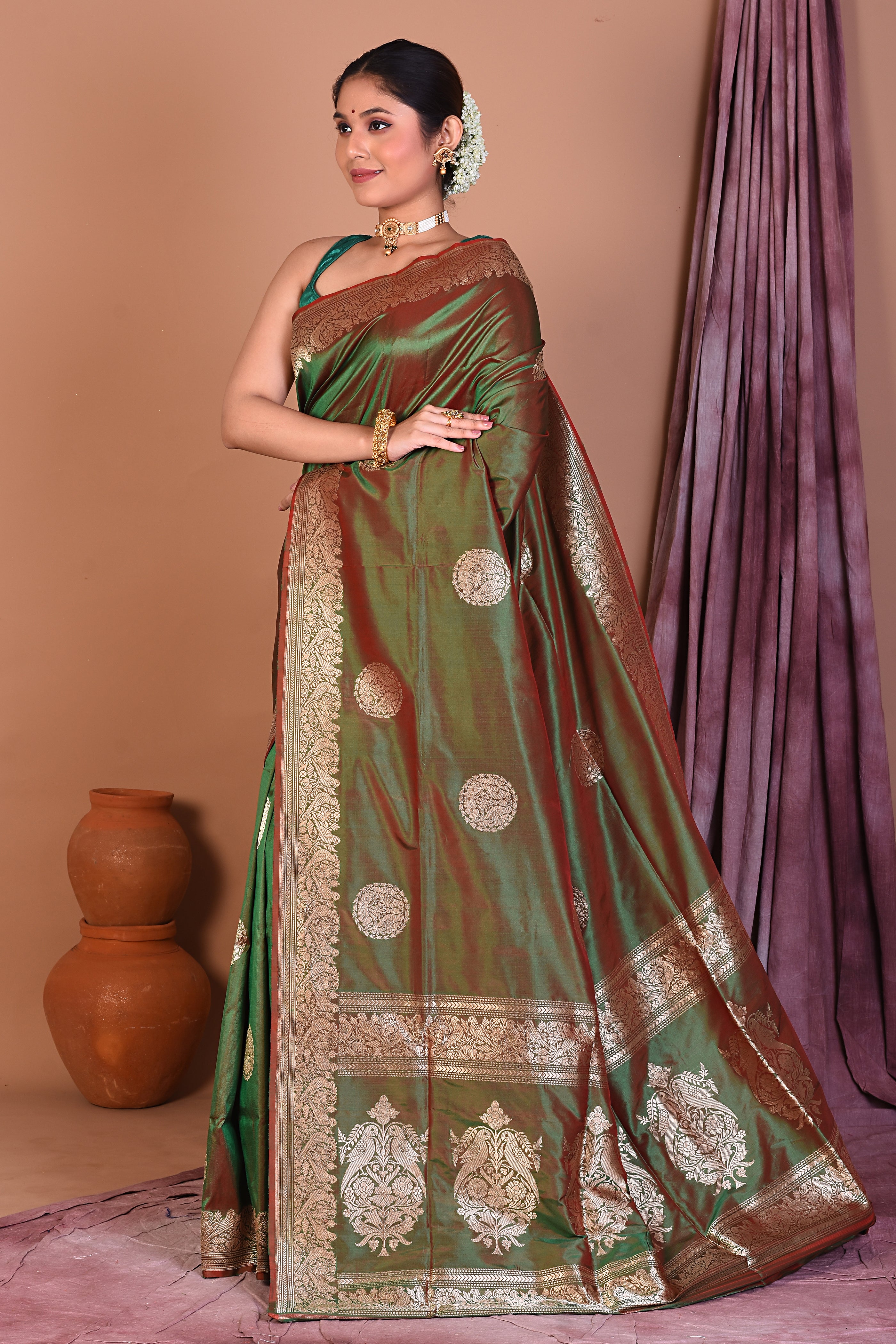 Green Dual Tone Pure Katan Saree with Golden Zari - Keya Seth Exclusive