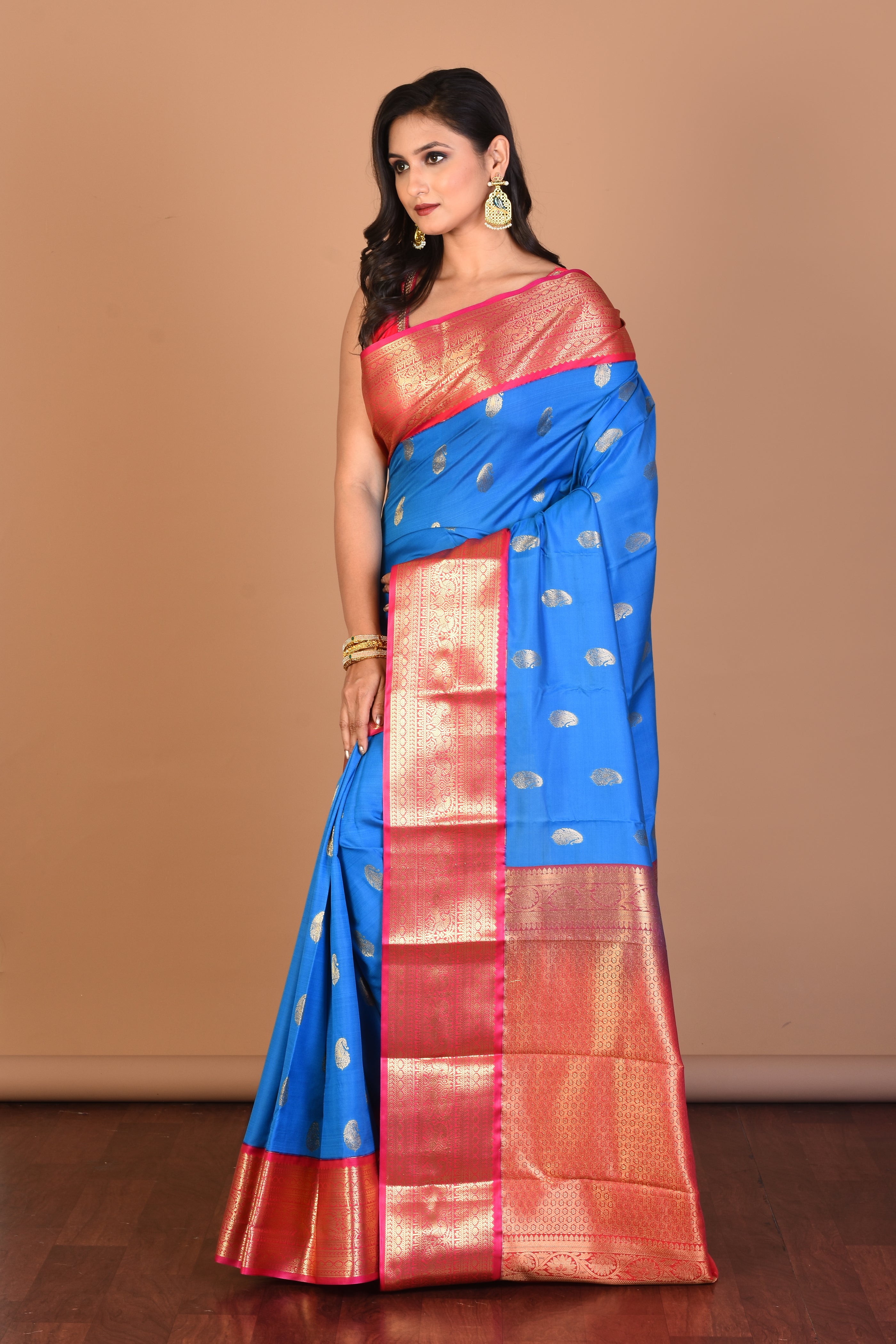 Firoza Blue Semi Katan Saree with Blouse Piece - Keya Seth Exclusive