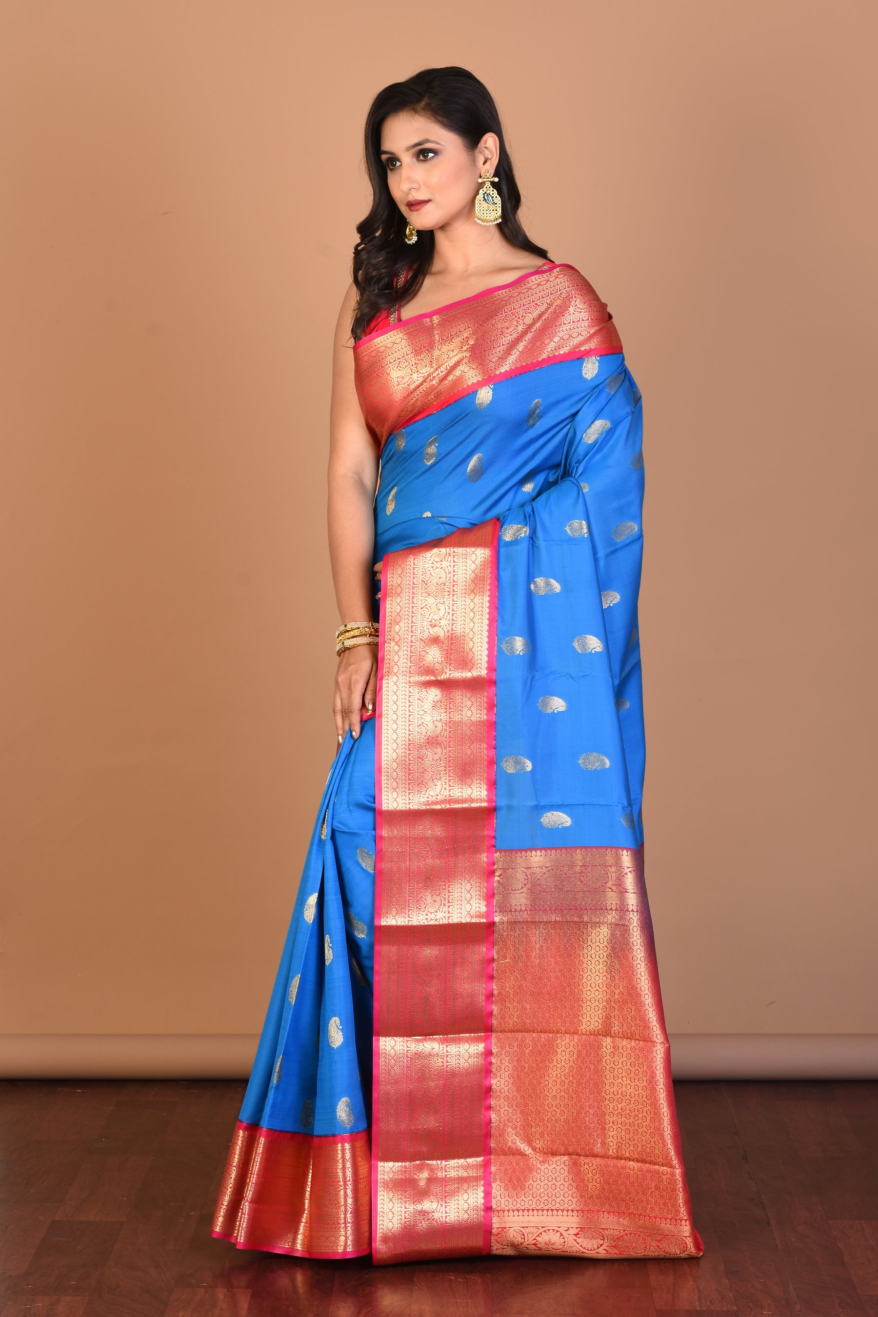 Firoza Blue Semi Katan Saree with Blouse Piece - Keya Seth Exclusive