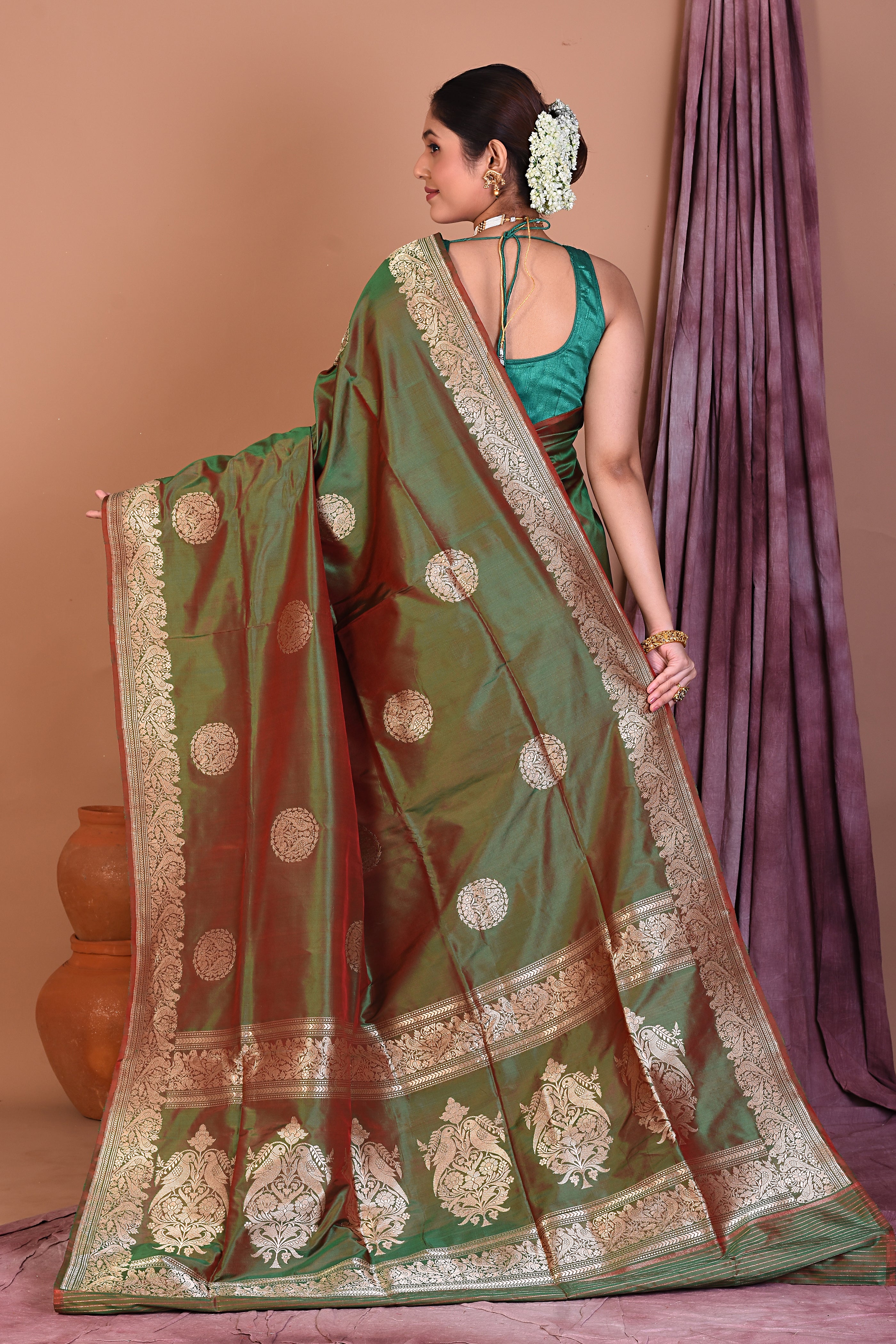 Green Dual Tone Pure Katan Saree with Golden Zari - Keya Seth Exclusive