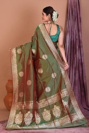 Green Dual Tone Pure Katan Saree with Golden Zari - Keya Seth Exclusive