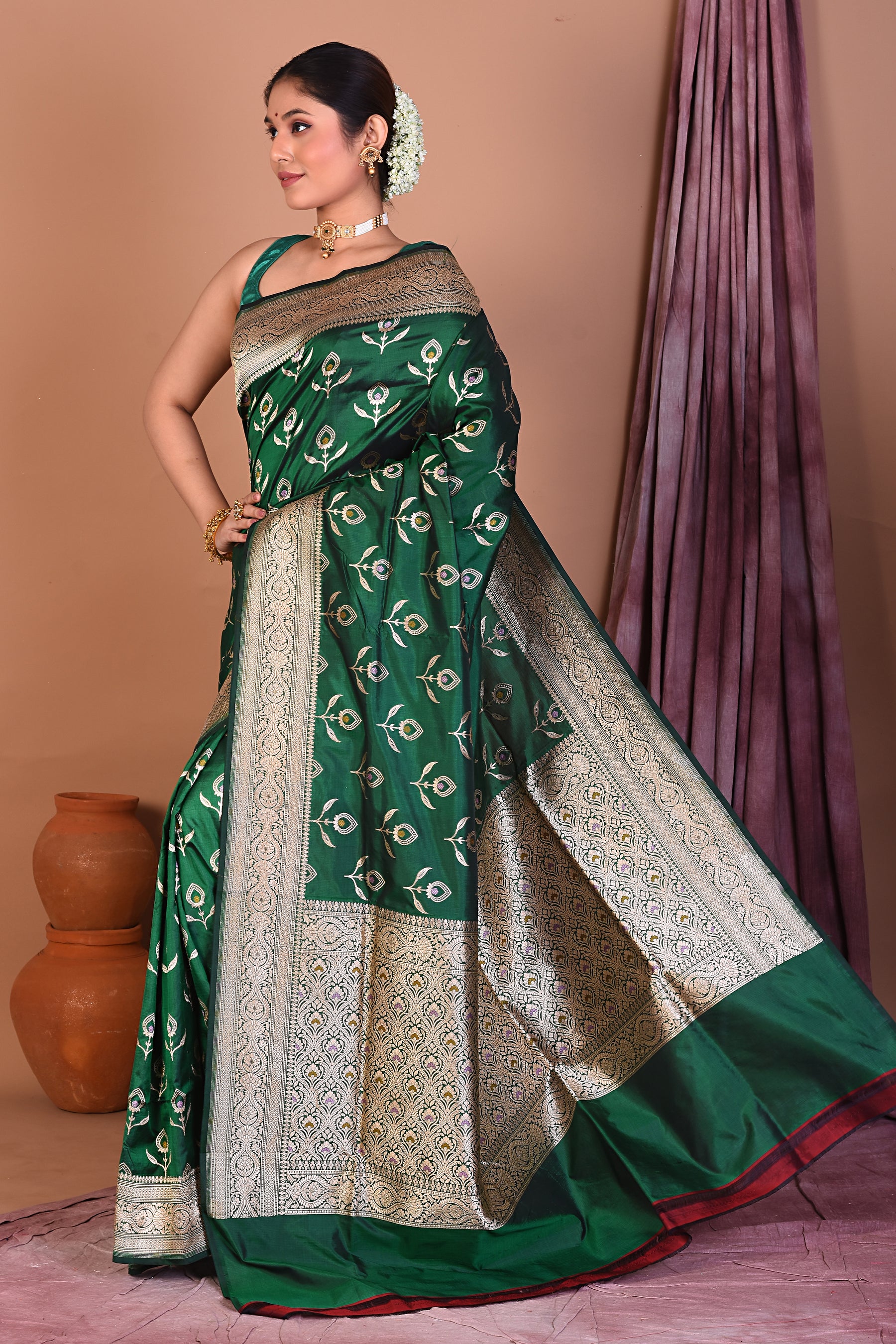 Green Pure Katan Saree with Golden Zari - Keya Seth Exclusive