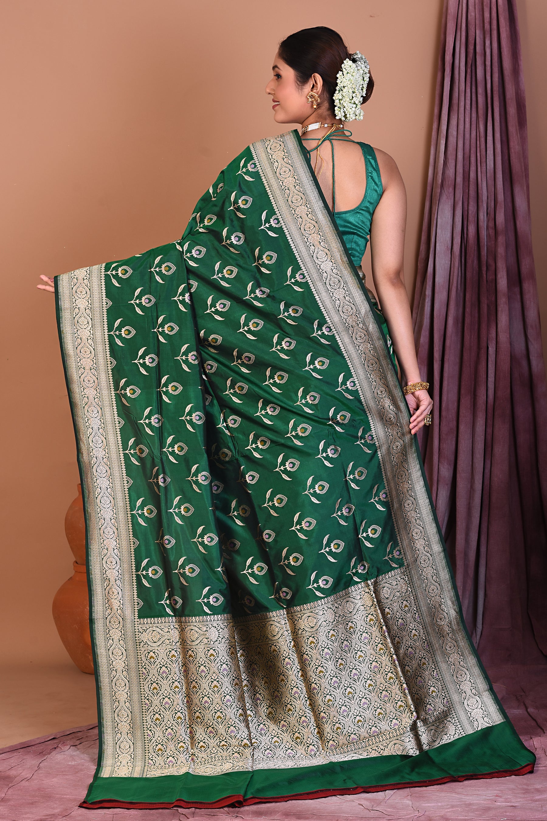 Green Pure Katan Saree with Golden Zari - Keya Seth Exclusive