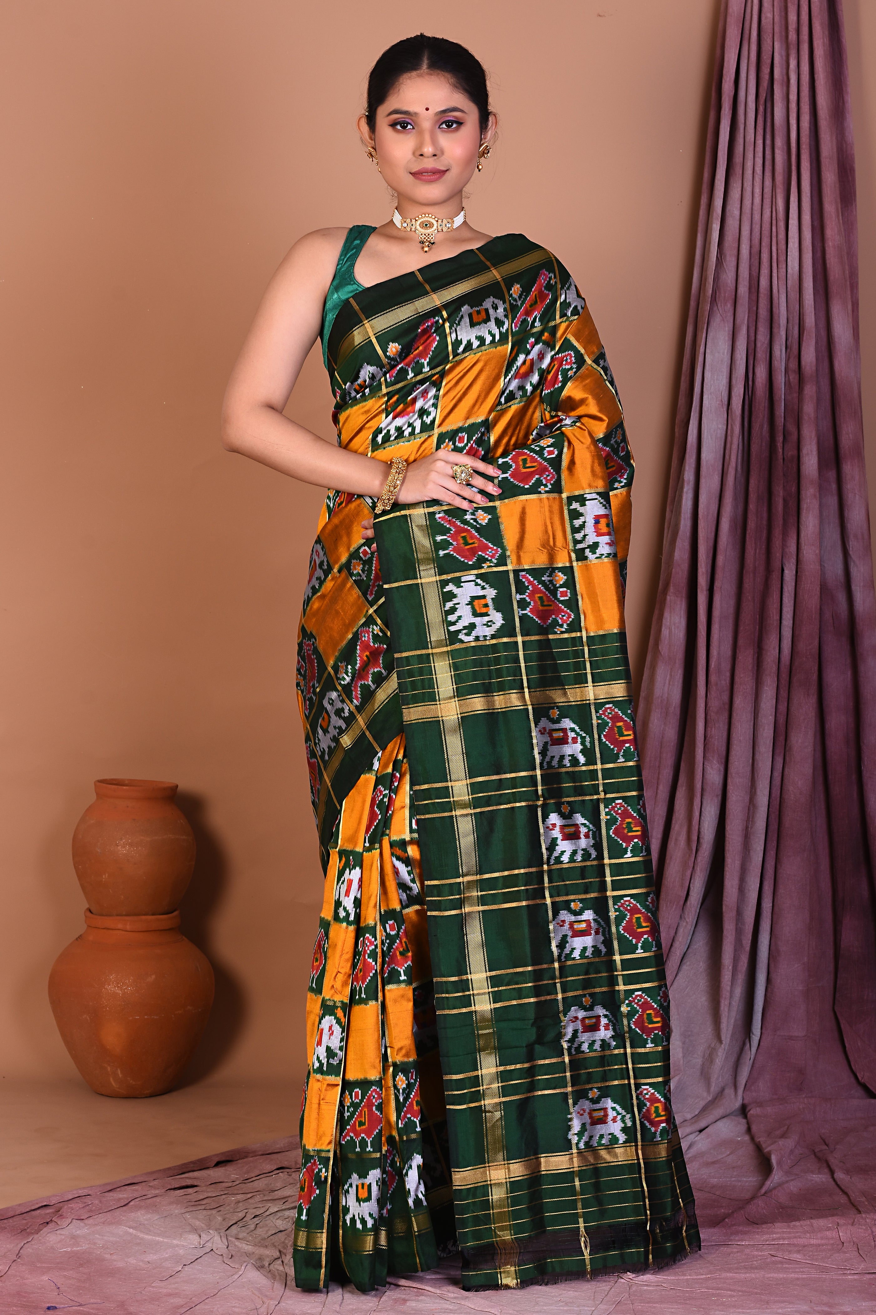 Checkered Green & Yellow Pure Ikkat Saree - Keya Seth Exclusive