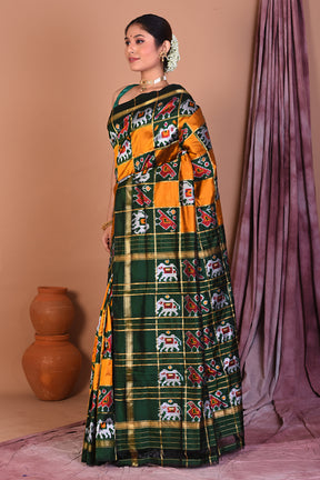 Checkered Green & Yellow Pure Ikkat Saree - Keya Seth Exclusive