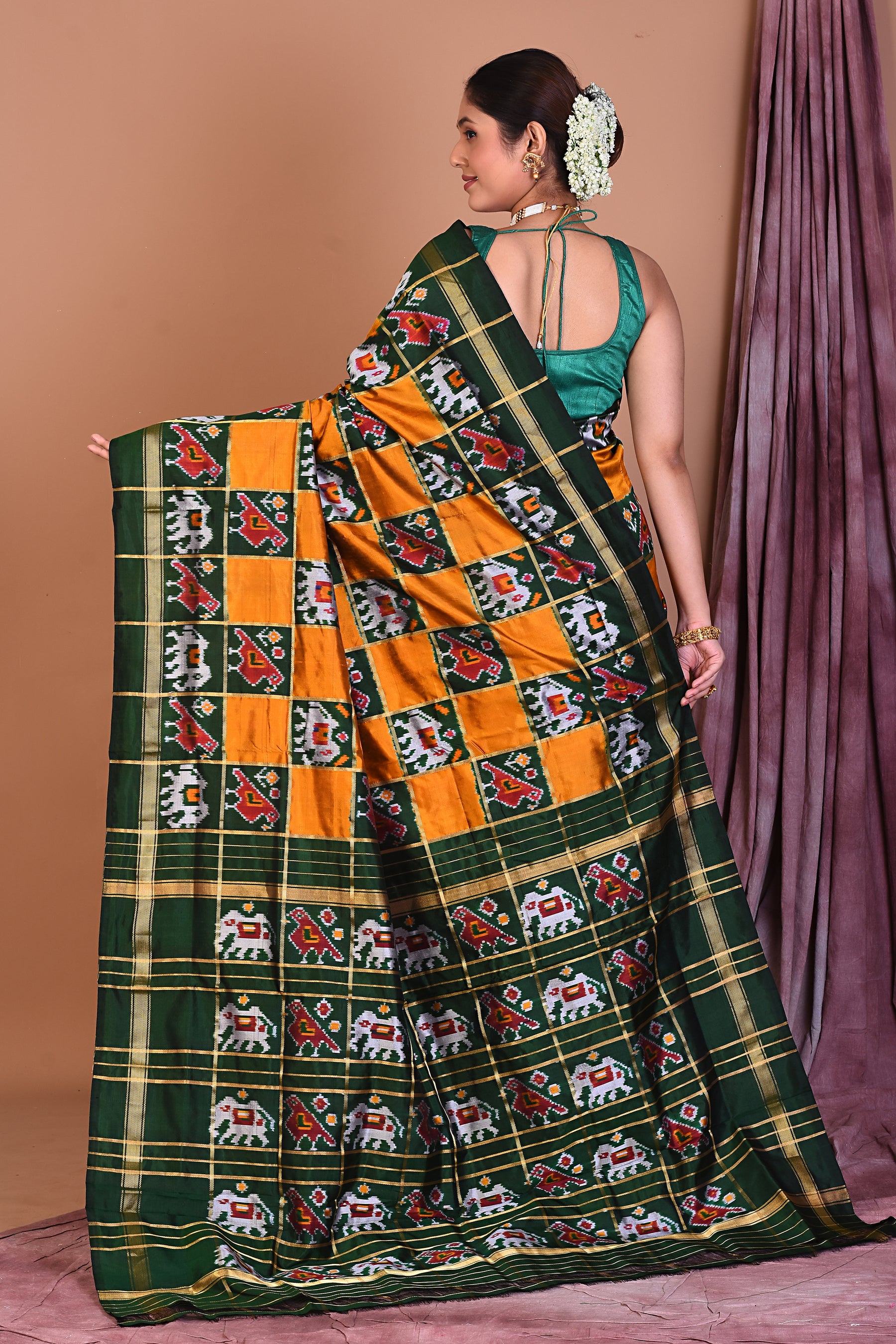 Checkered Green & Yellow Pure Ikkat Saree - Keya Seth Exclusive