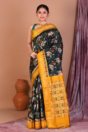 Bottle Green Pure Ikkat Saree with Yellow Borders - Keya Seth Exclusive