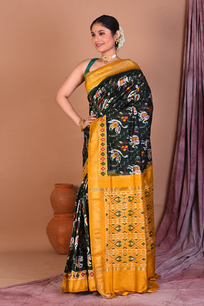 Bottle Green Pure Ikkat Saree with Yellow Borders - Keya Seth Exclusive