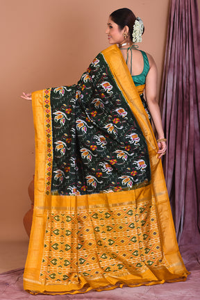 Bottle Green Pure Ikkat Saree with Yellow Borders - Keya Seth Exclusive