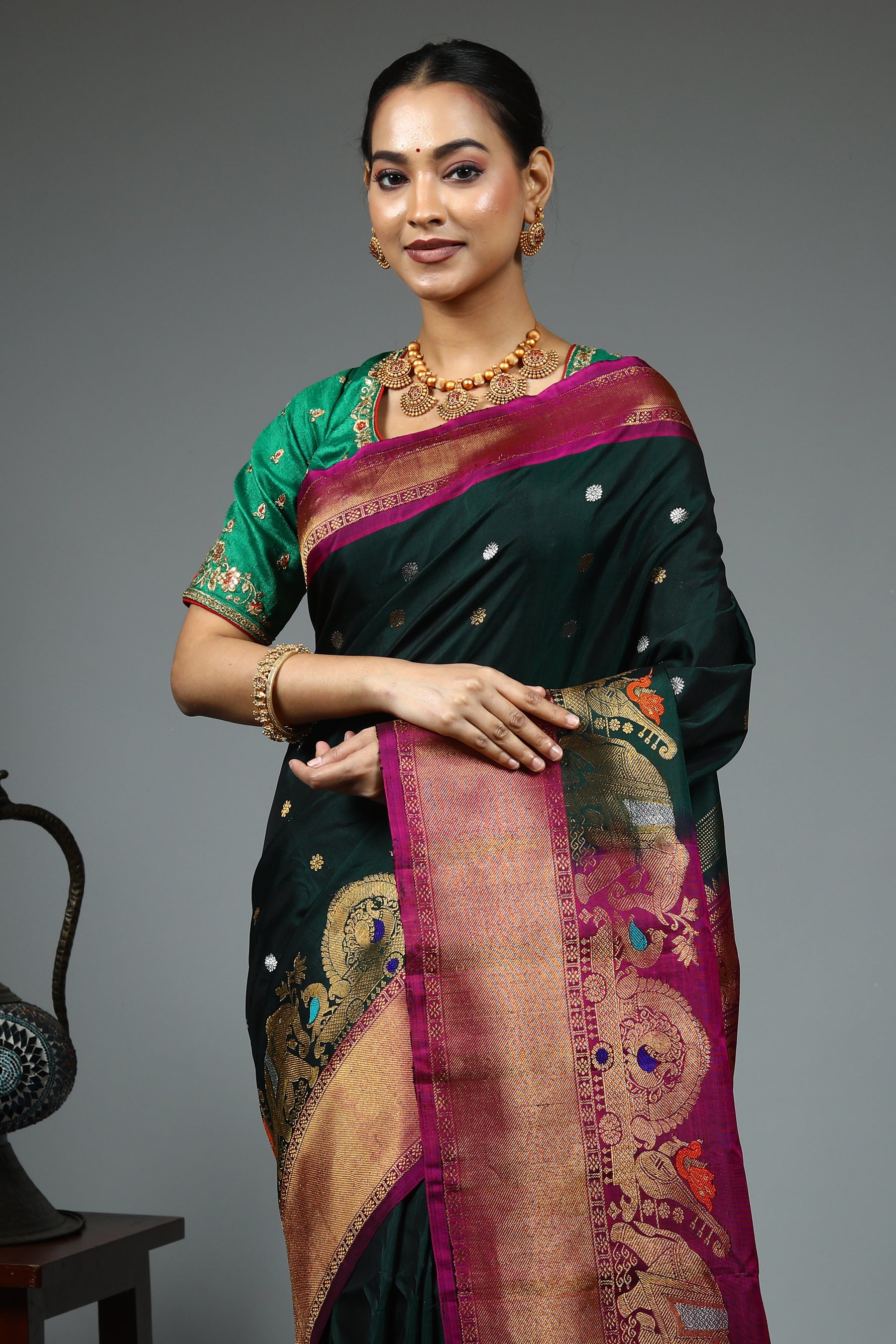 Deep Green Pure Gadwal Saree