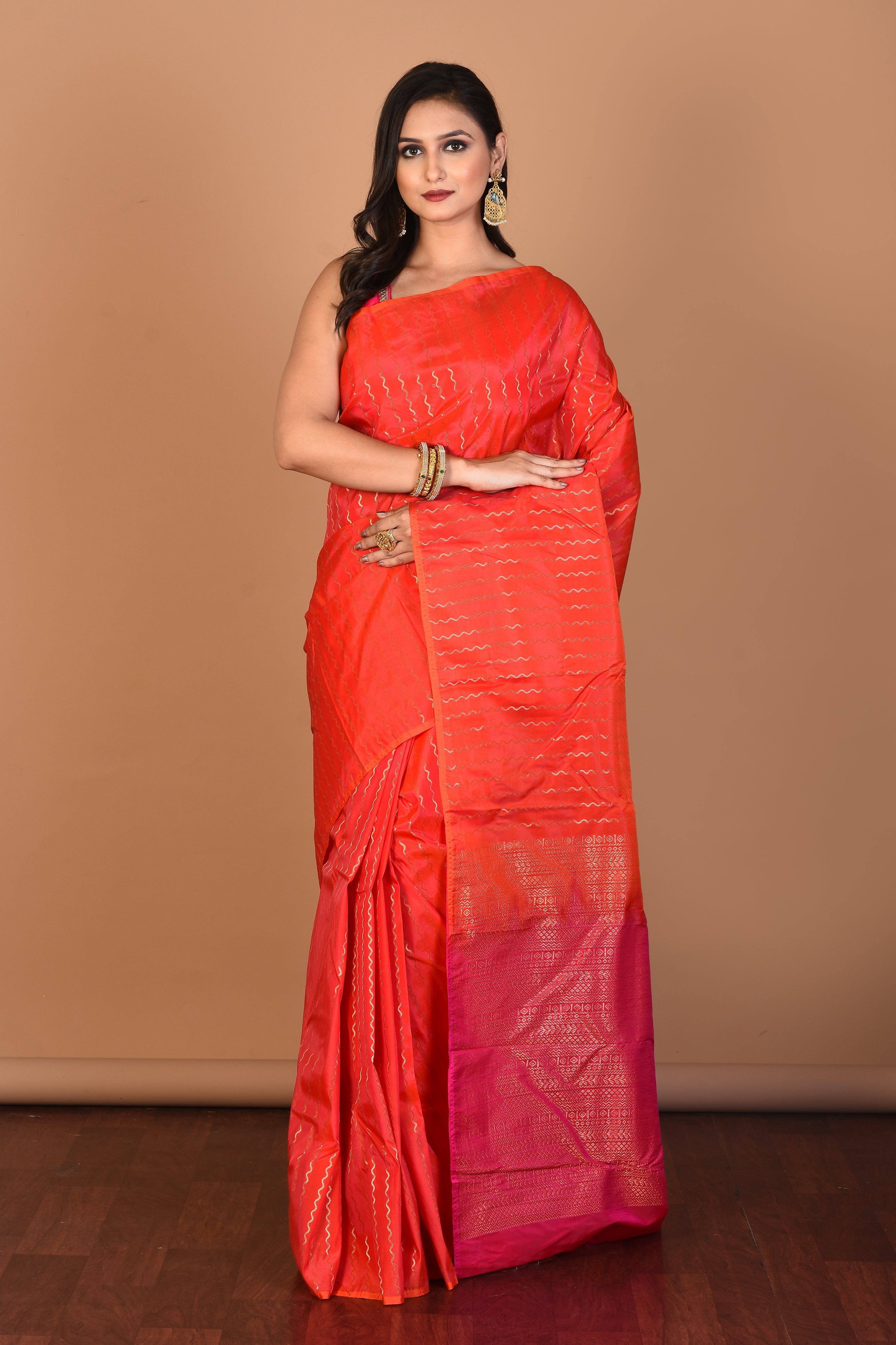 Orange Borderless Blended Kanjivaram Silk Saree with Blouse Piece - Keya Seth Exclusive