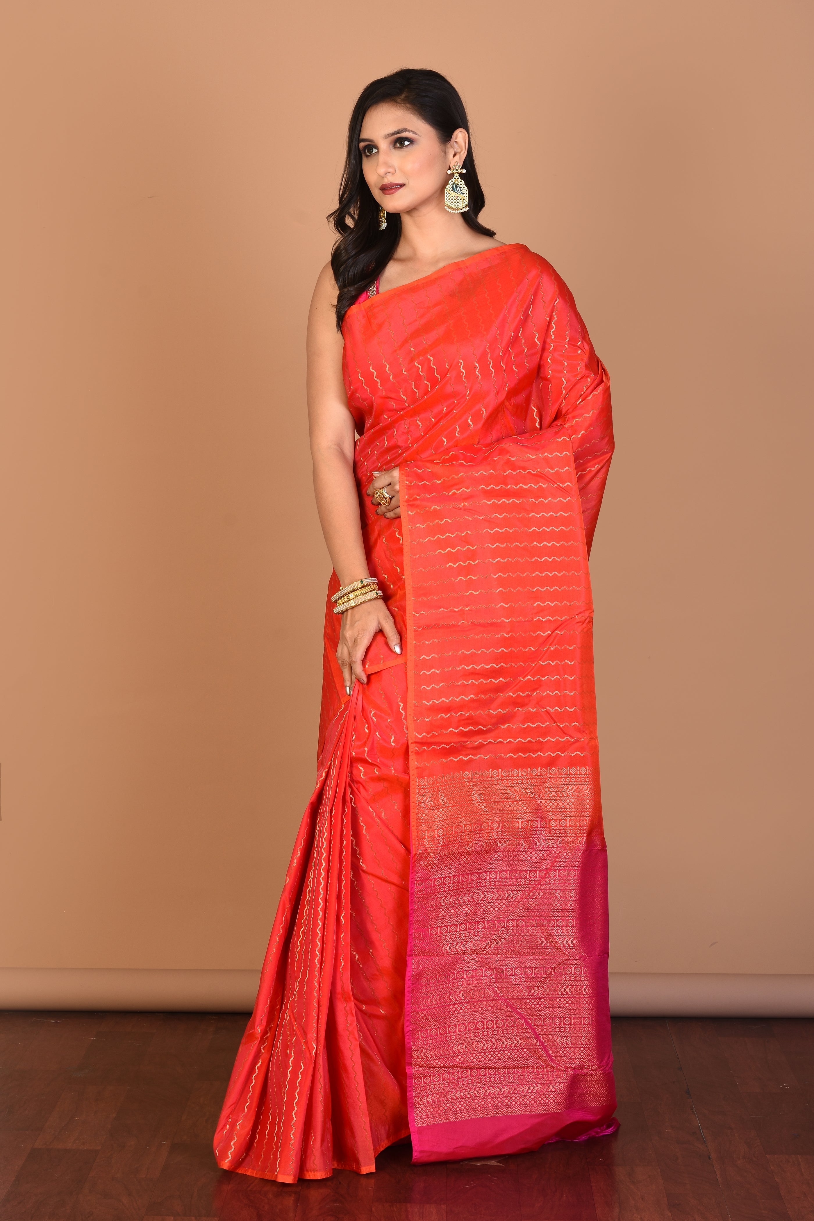 Orange Borderless Blended Kanjivaram Silk Saree with Blouse Piece - Keya Seth Exclusive