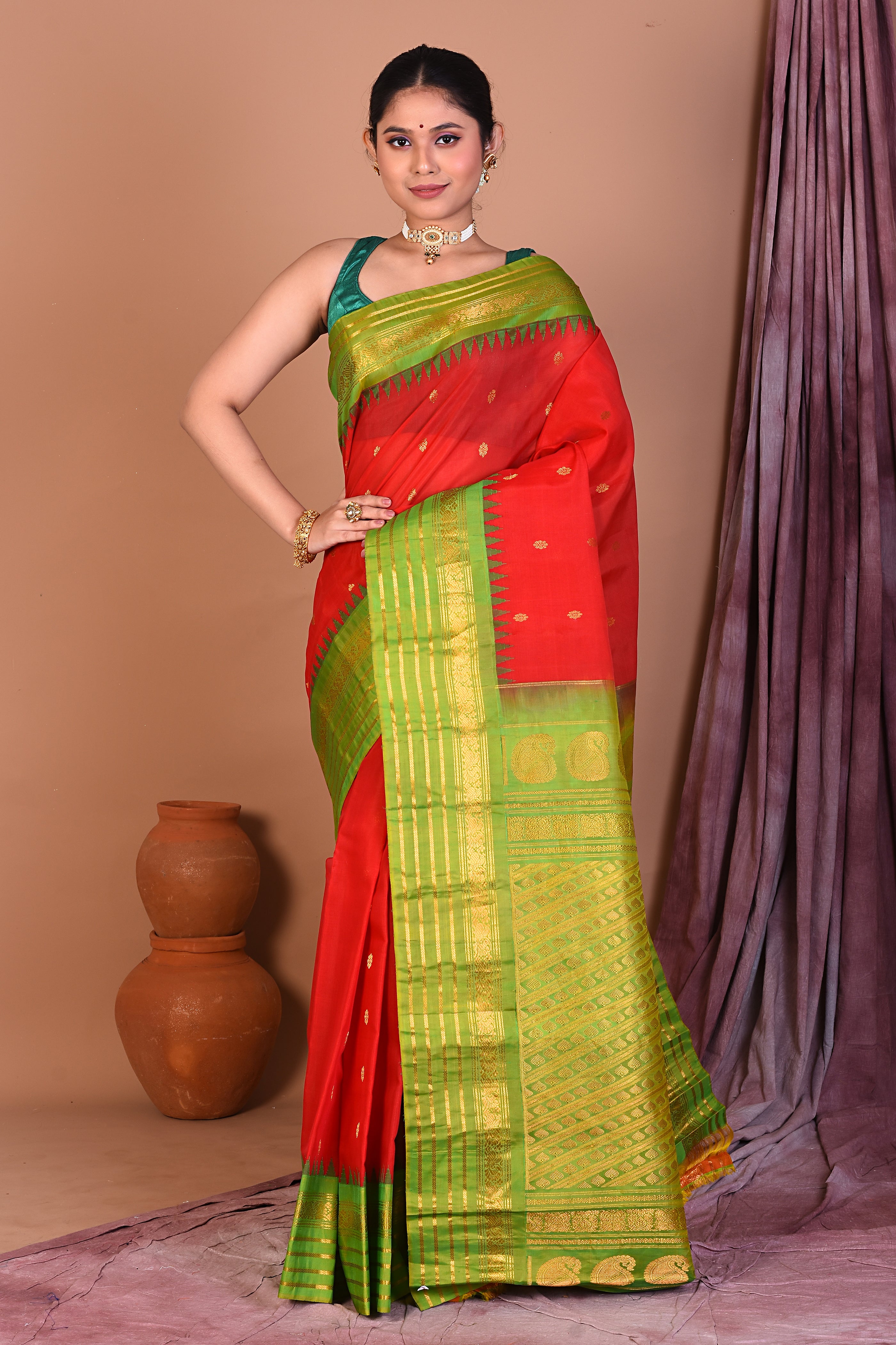 Red Pure Gadwal Saree with Green Borders - Keya Seth Exclusive