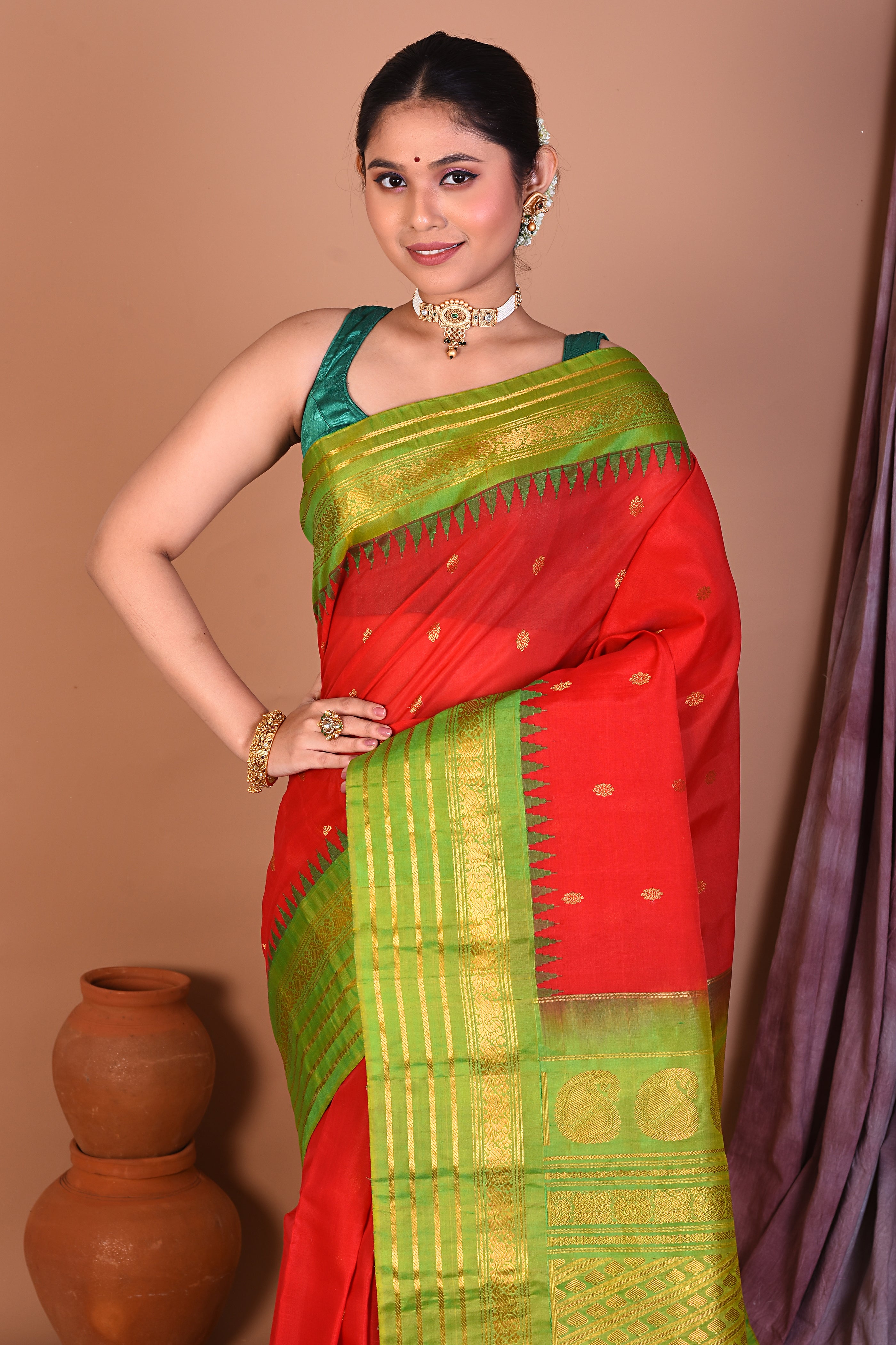 Red Pure Gadwal Saree with Green Borders - Keya Seth Exclusive