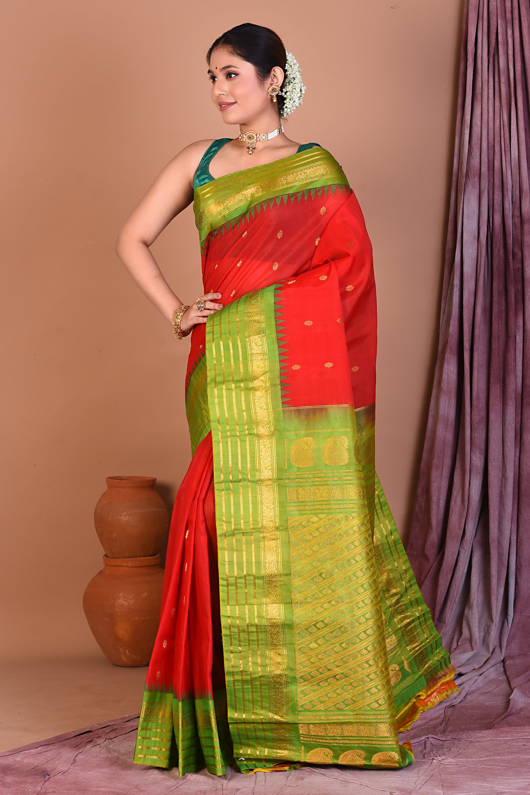 Red Pure Gadwal Saree with Green Borders - Keya Seth Exclusive