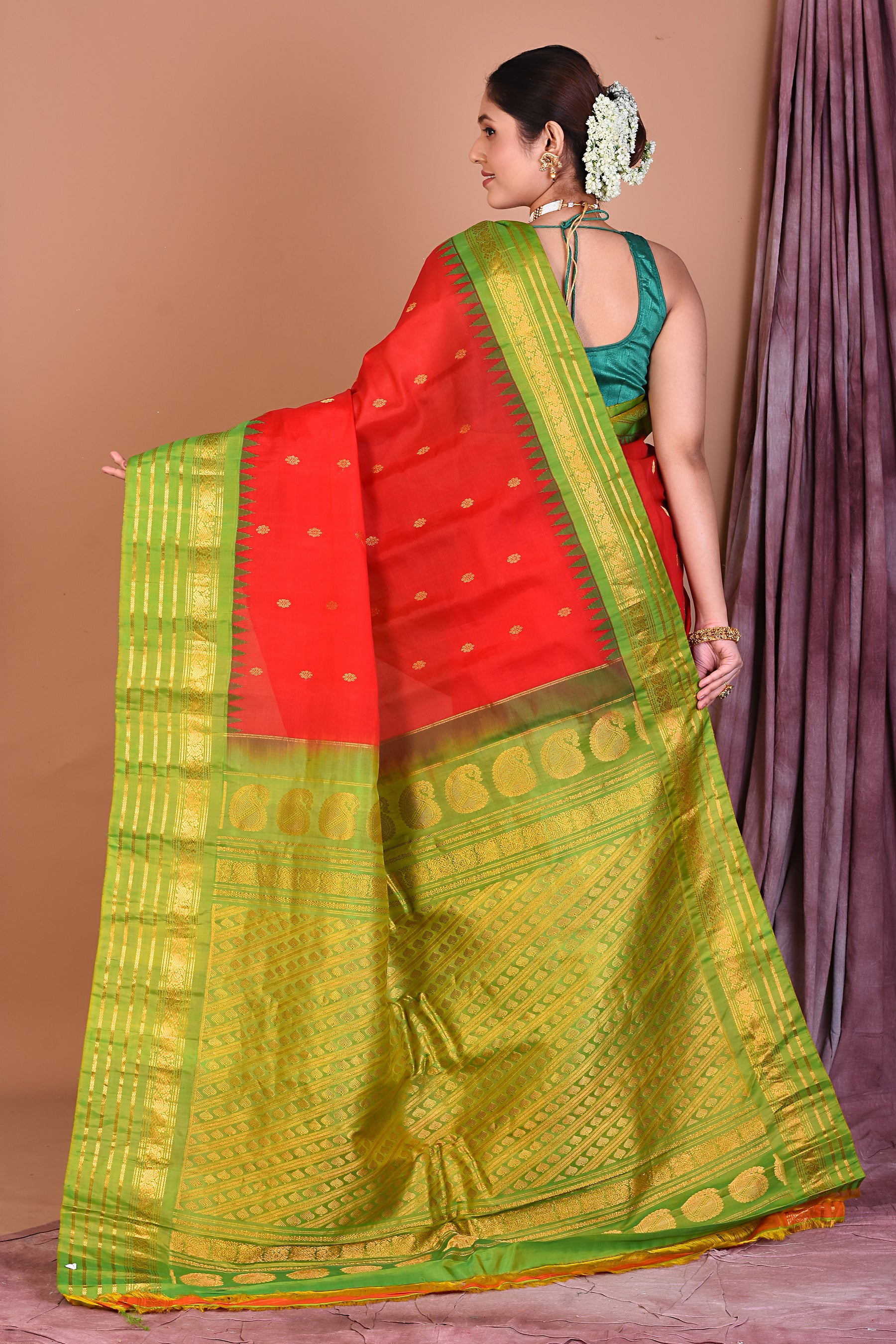 Red Pure Gadwal Saree with Green Borders - Keya Seth Exclusive