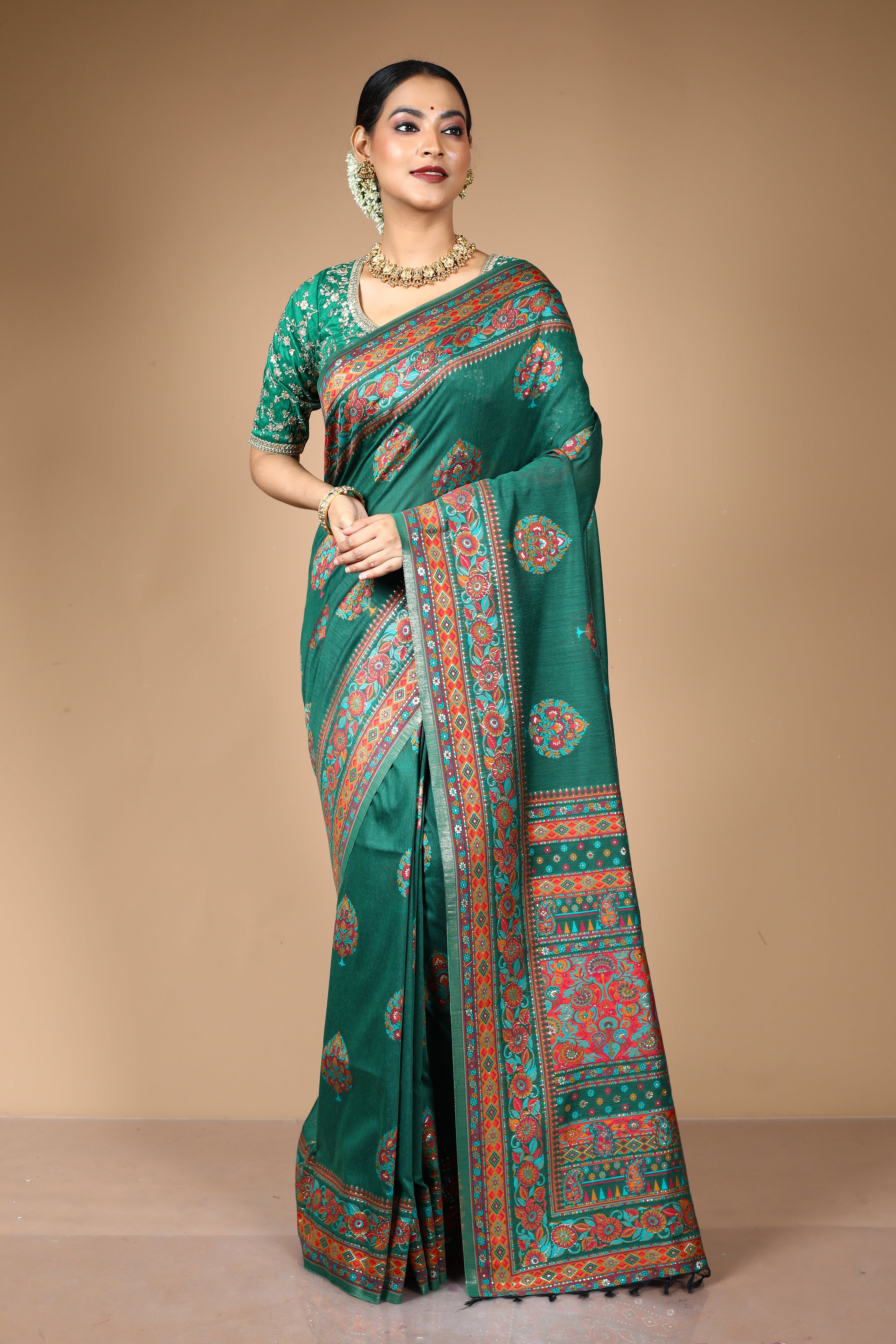 Deep Green Pure Silk With Threadwork