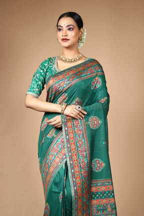 Deep Green Pure Silk With Threadwork