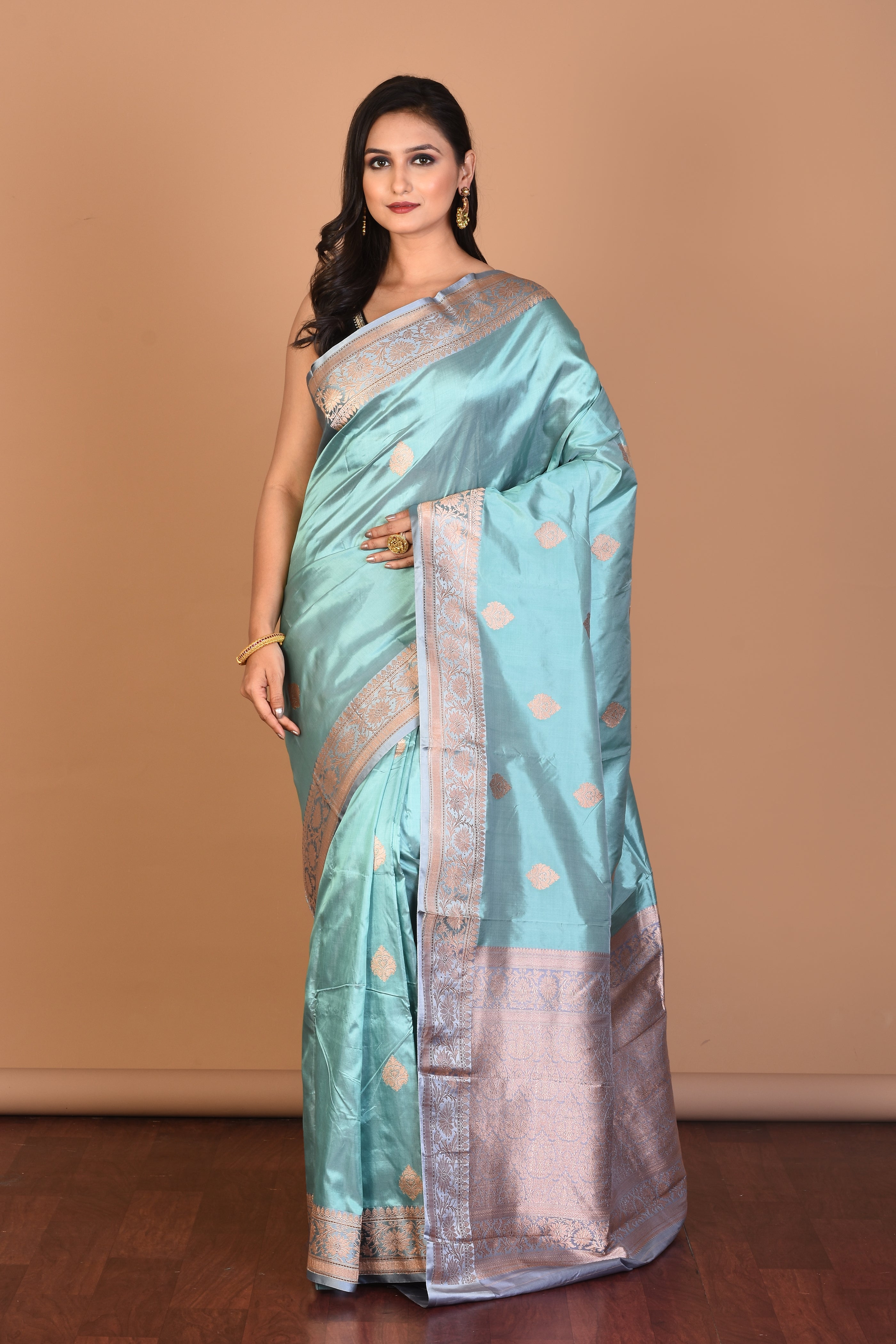 Light Blue Pure Katan Silk Saree with Blouse Piece - Keya Seth Exclusive