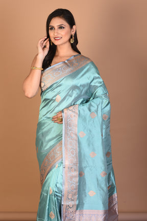 Light Blue Pure Katan Silk Saree with Blouse Piece - Keya Seth Exclusive