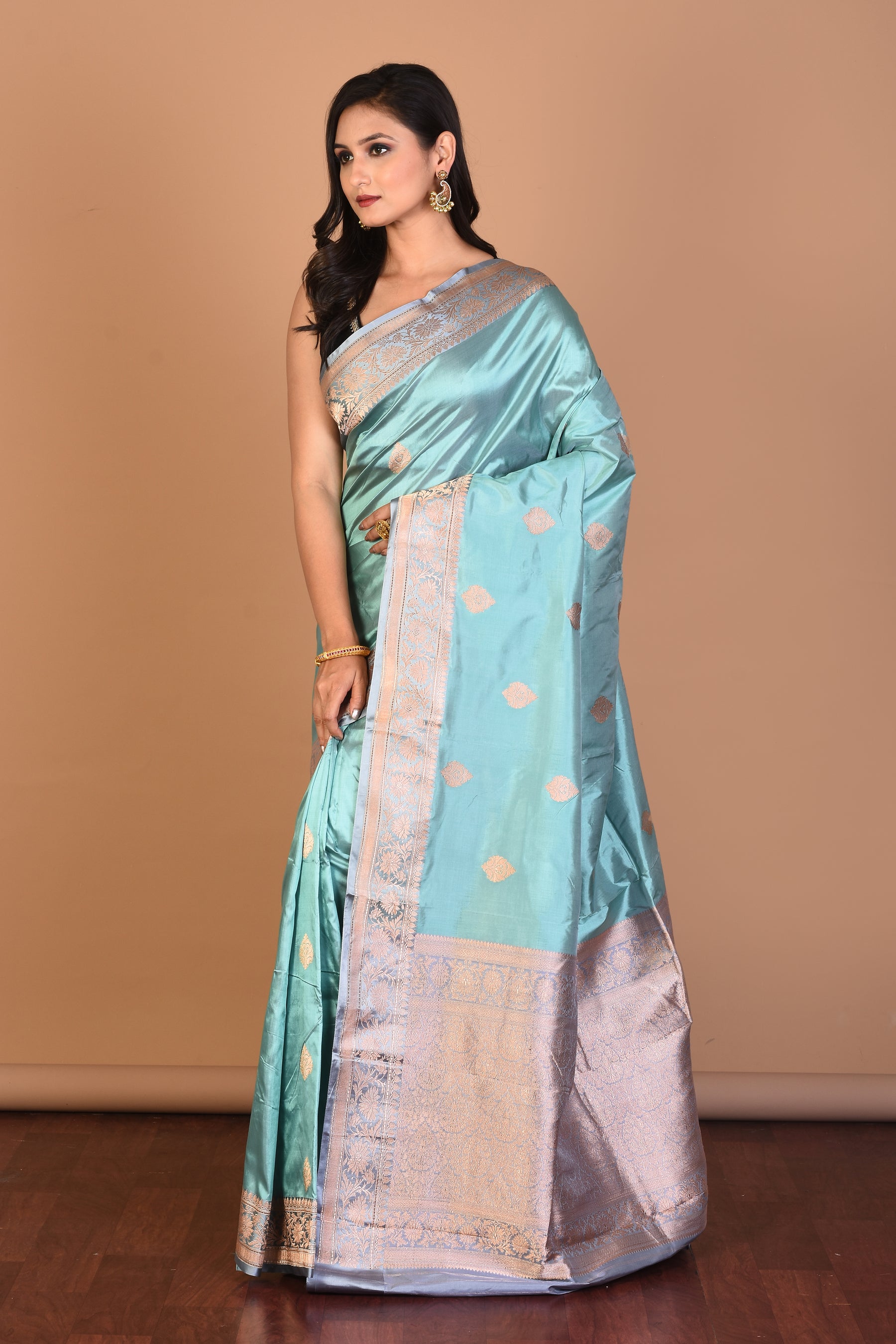 Light Blue Pure Katan Silk Saree with Blouse Piece - Keya Seth Exclusive