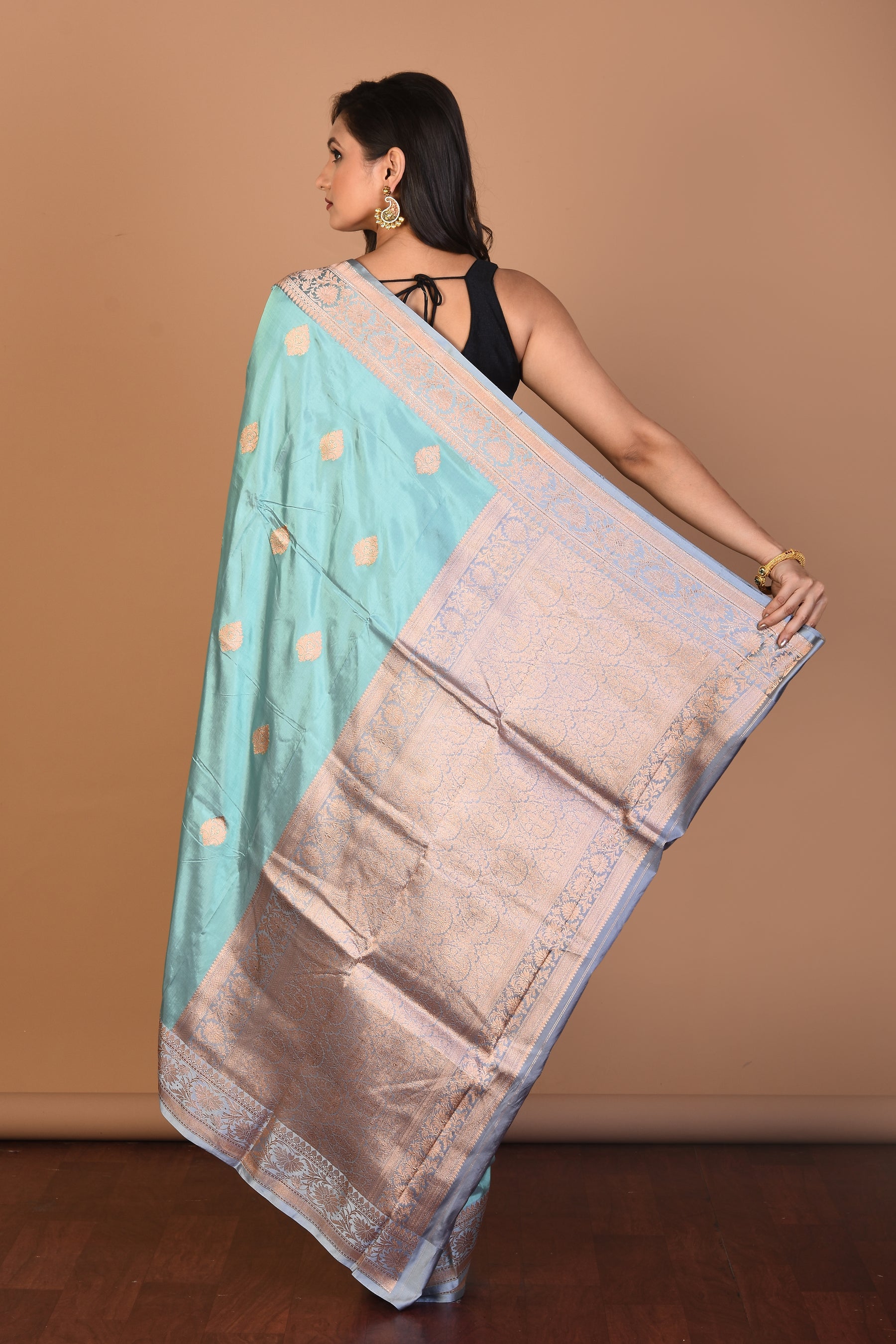 Light Blue Pure Katan Silk Saree with Blouse Piece - Keya Seth Exclusive