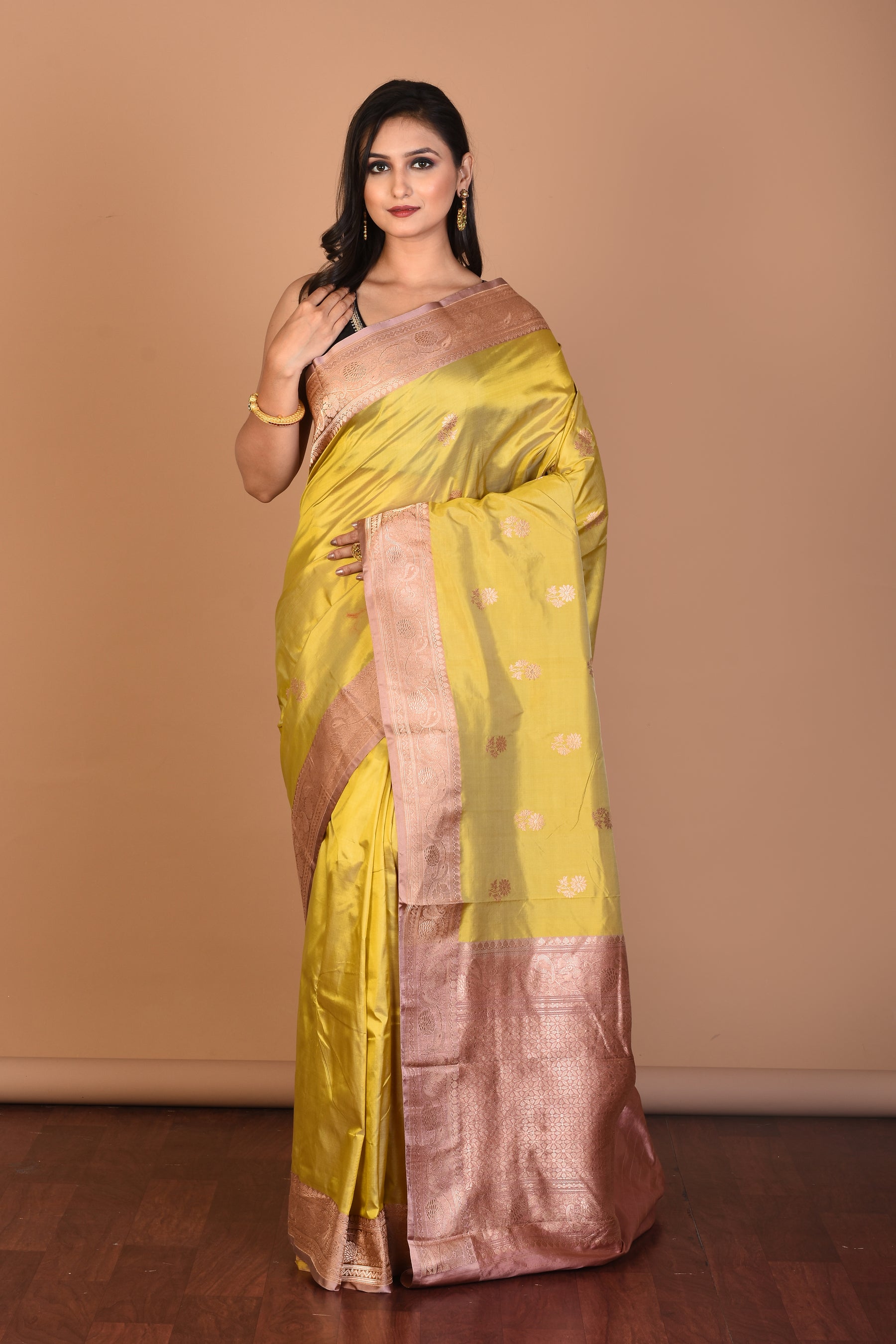 Light Yellow Pure Katan Silk Saree with Blouse Piece - Keya Seth Exclusive