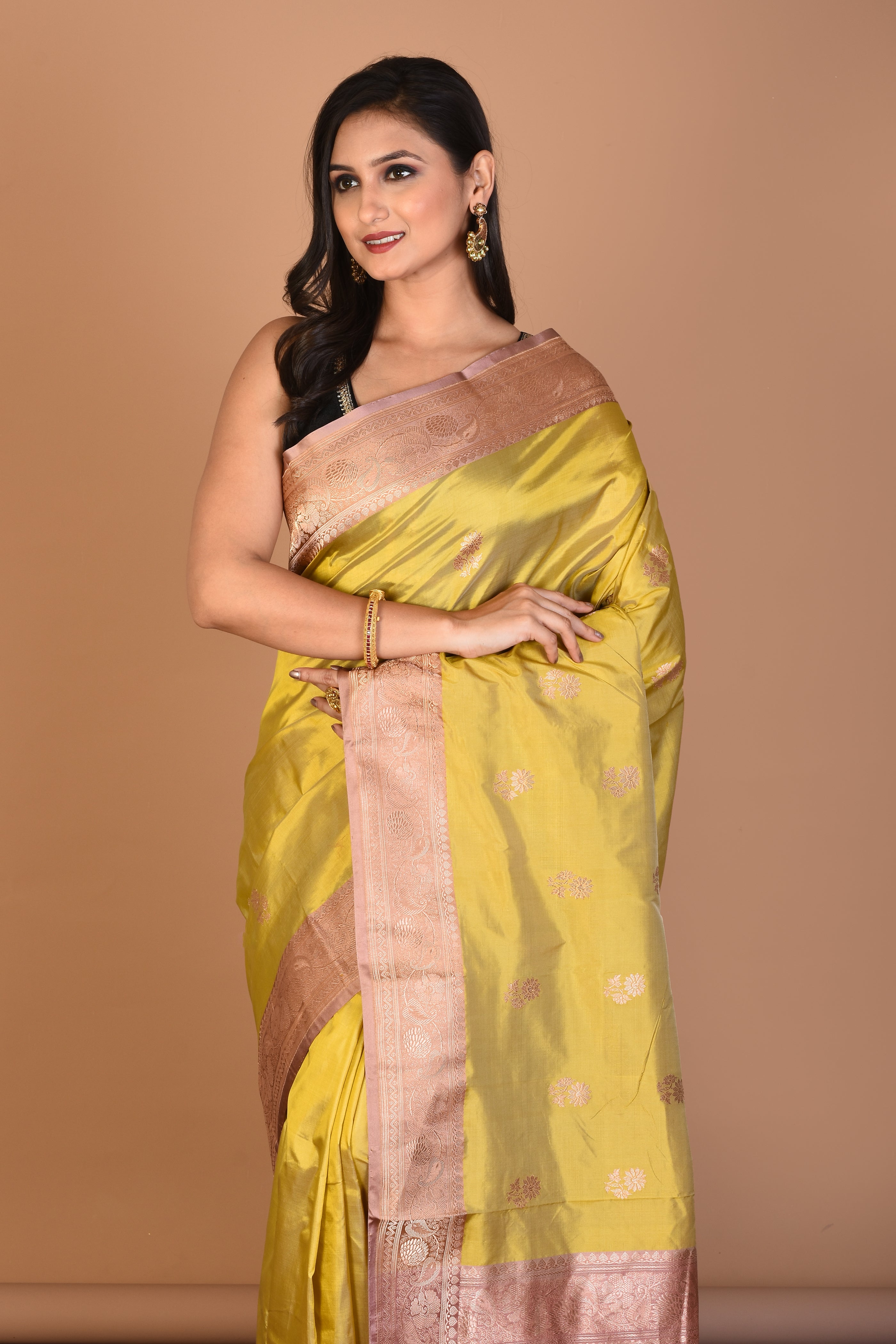 Light Yellow Pure Katan Silk Saree with Blouse Piece - Keya Seth Exclusive