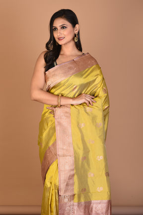 Light Yellow Pure Katan Silk Saree with Blouse Piece - Keya Seth Exclusive