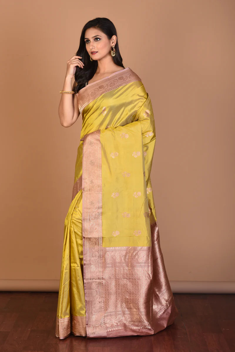 Light Yellow Pure Katan Silk Saree with Blouse Piece - Keya Seth Exclusive